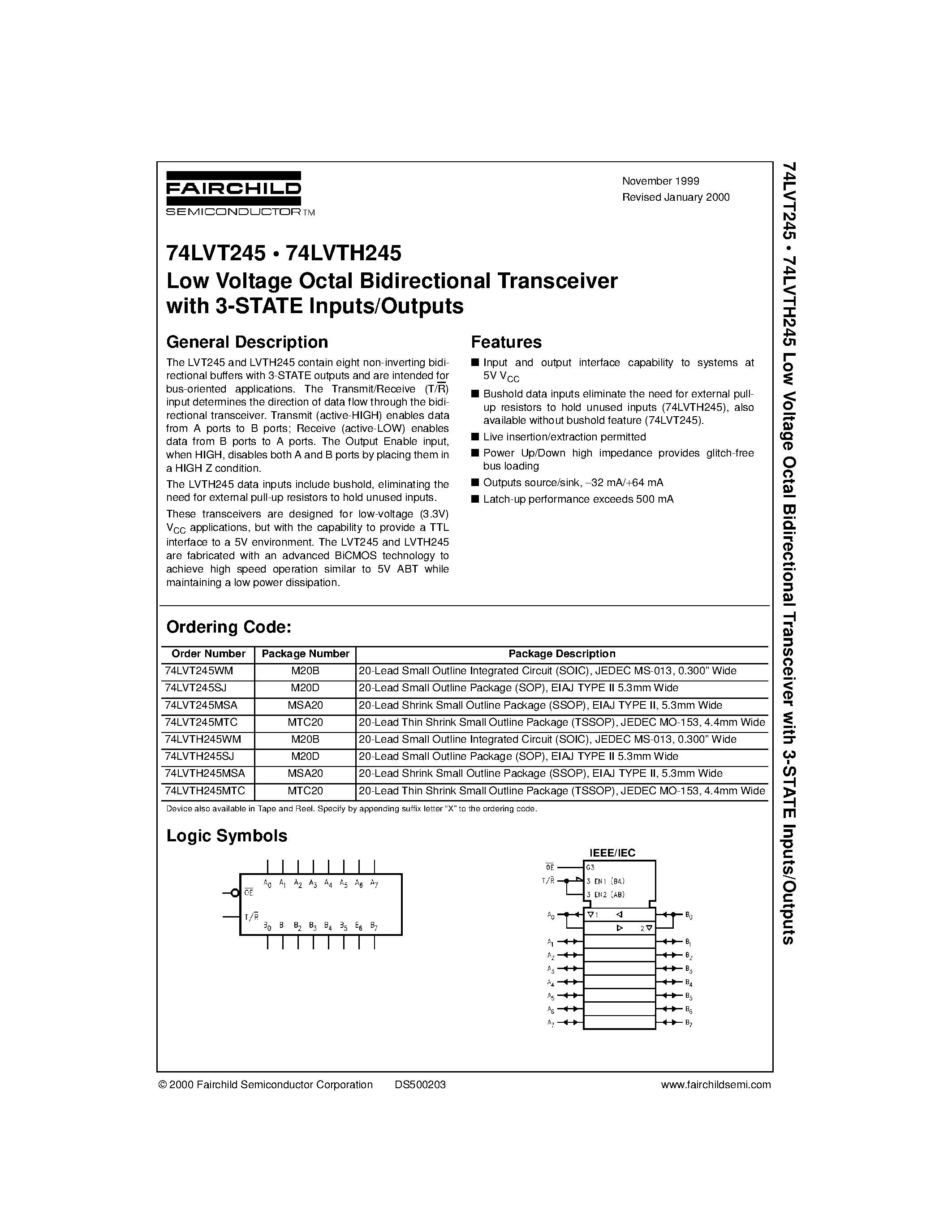 Datasheet 74LVT245 - Low Voltage Octal Bidirectional Transceiver with 3-STATE Inputs/Outputs page 1