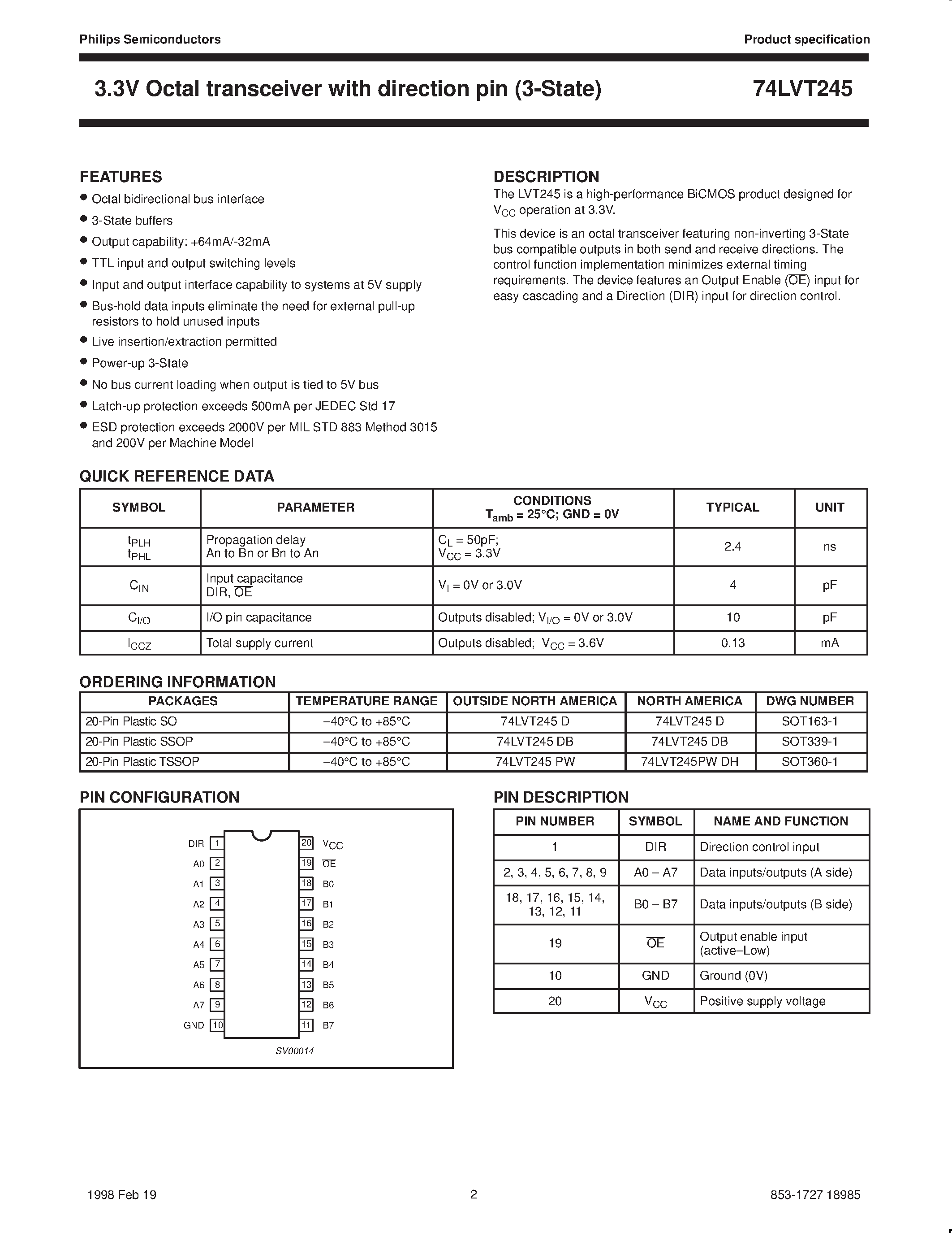 Datasheet 74LVT245 - 3.3V Octal transceiver with direction pin 3-State page 2