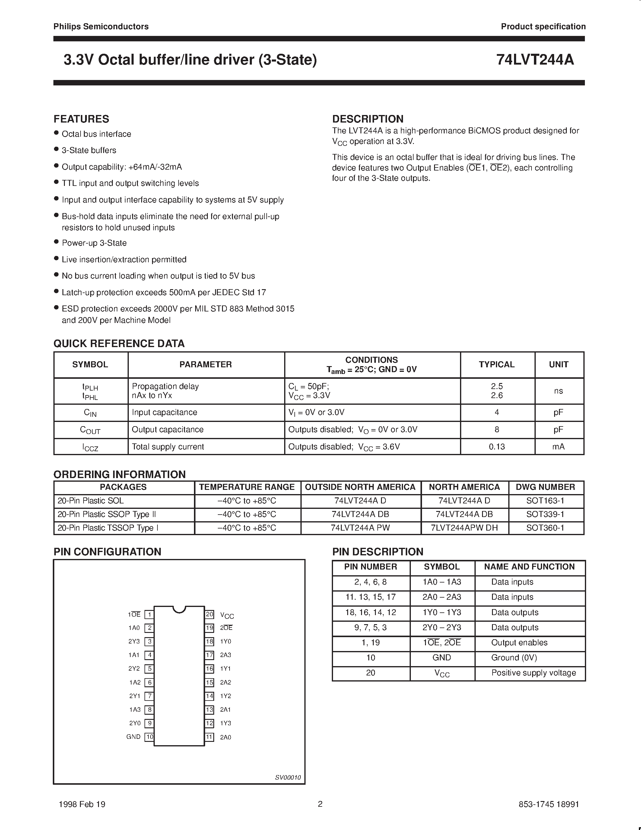 Datasheet 74LVT244A - 3.3V Octal buffer/line driver 3-State page 2