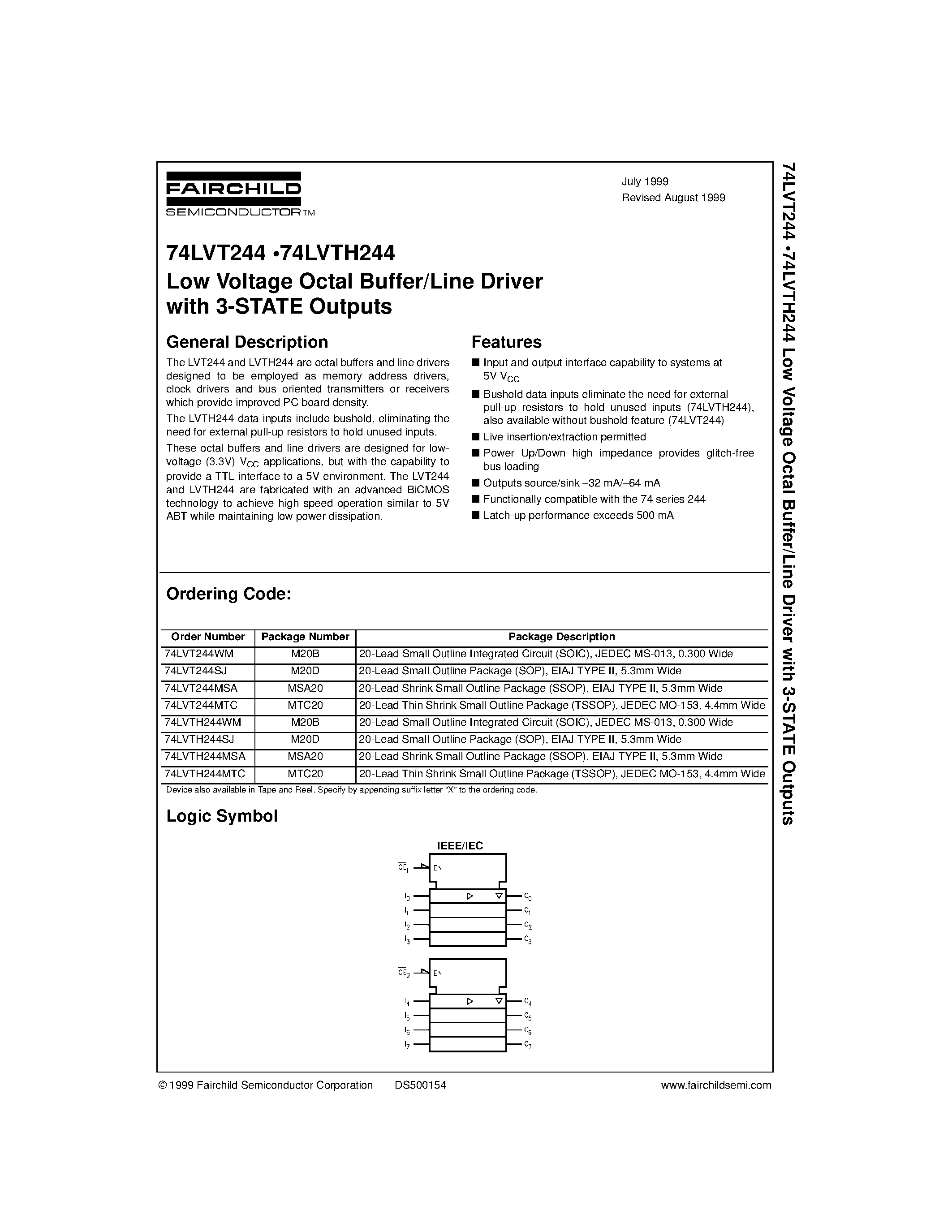 Datasheet 74LVT244 - Low Voltage Octal Buffer/Line Driver with 3-STATE Outputs page 1