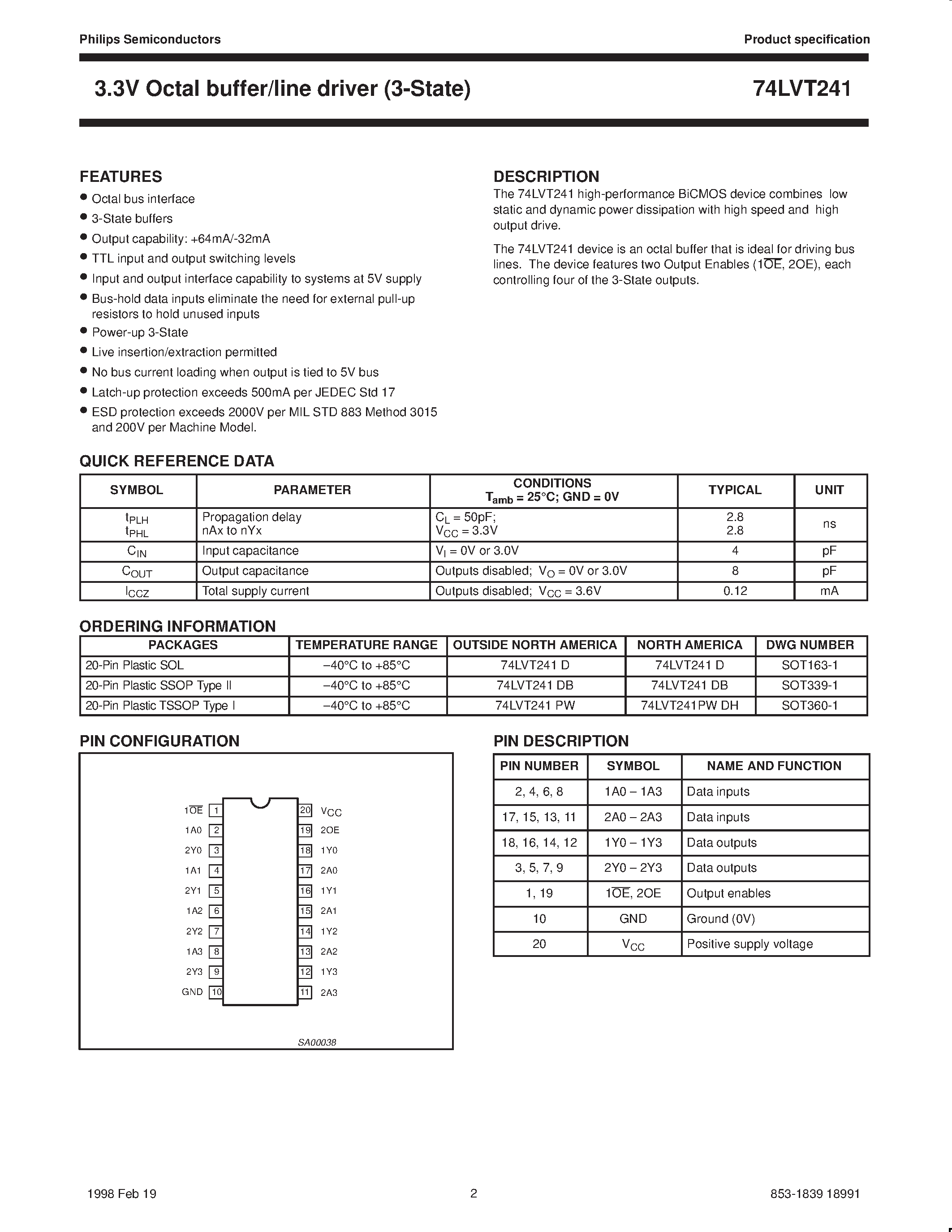 Datasheet 74LVT241 - 3.3V Octal buffer/line driver 3-State page 2