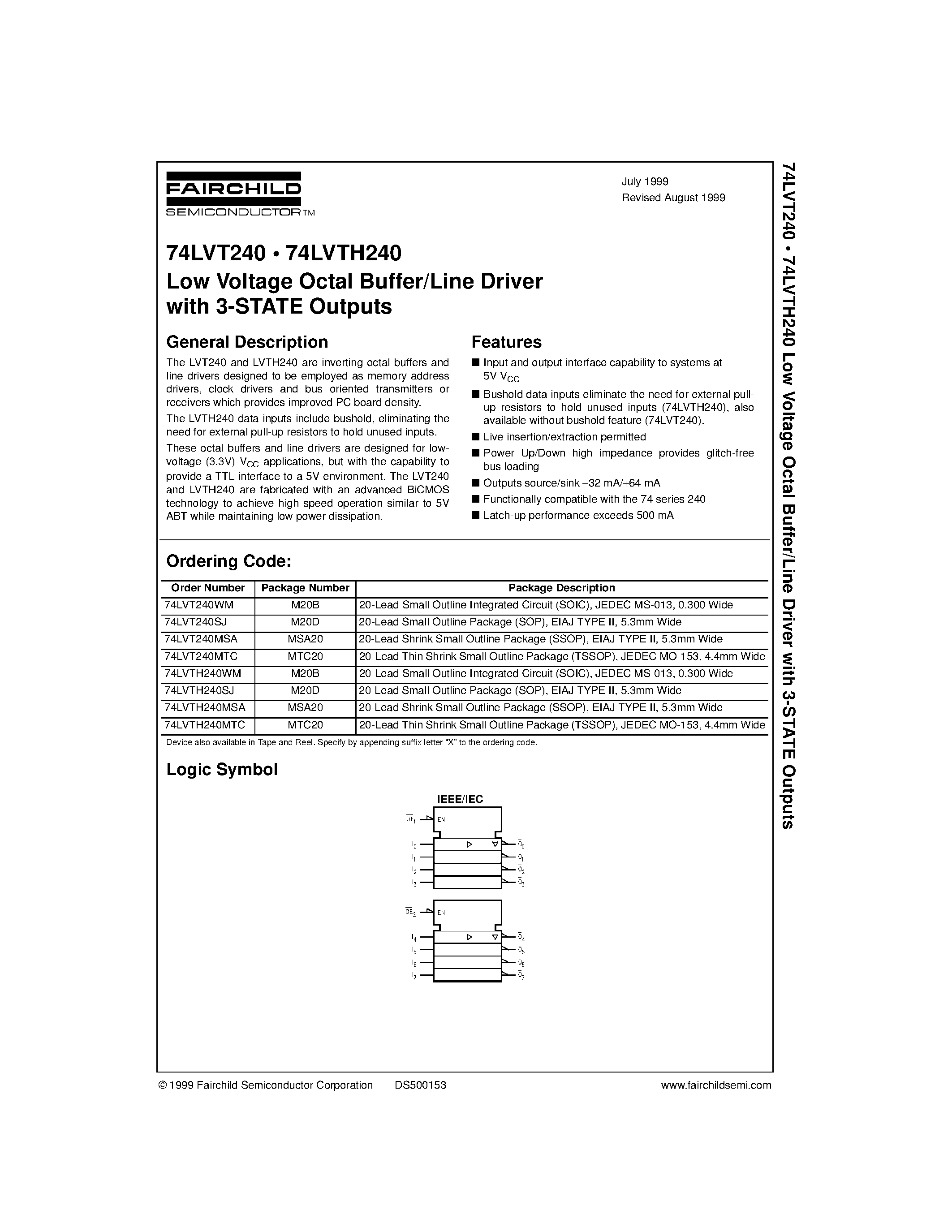 Datasheet 74LVT240 - Low Voltage Octal Buffer/Line Driver with 3-STATE Outputs page 1