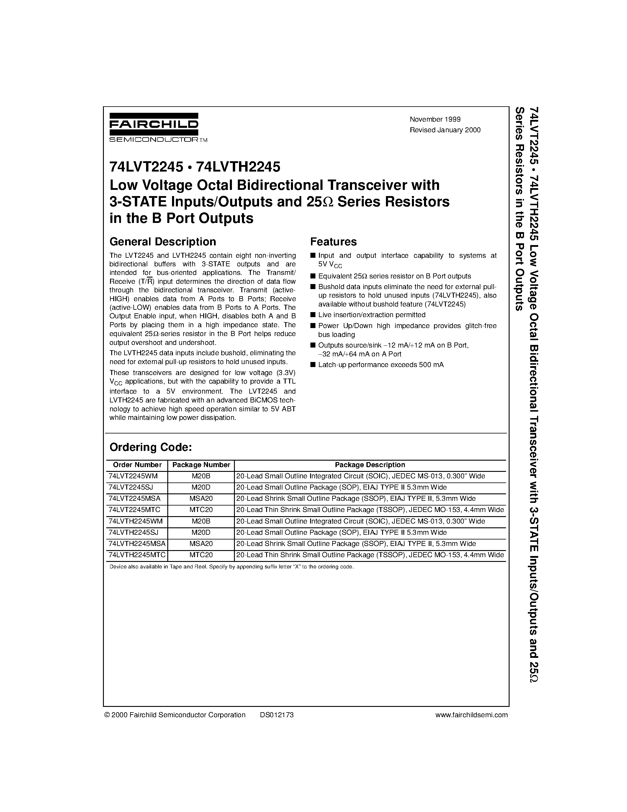 Datasheet 74LVT2245 - Low Voltage Octal Bidirectional Transceiver page 1