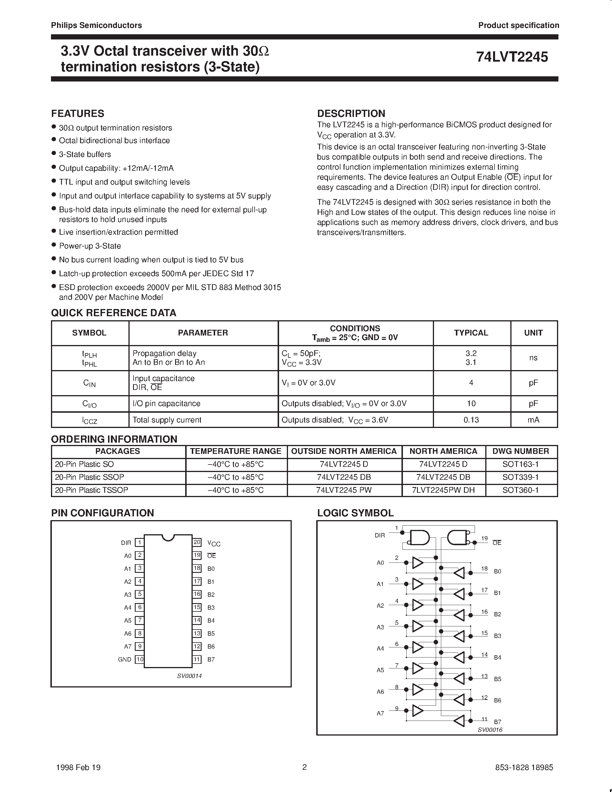 Datasheet 74LVT2245 - 3.3V Octal transceiver with 30ohm termination resistors 3-State page 2