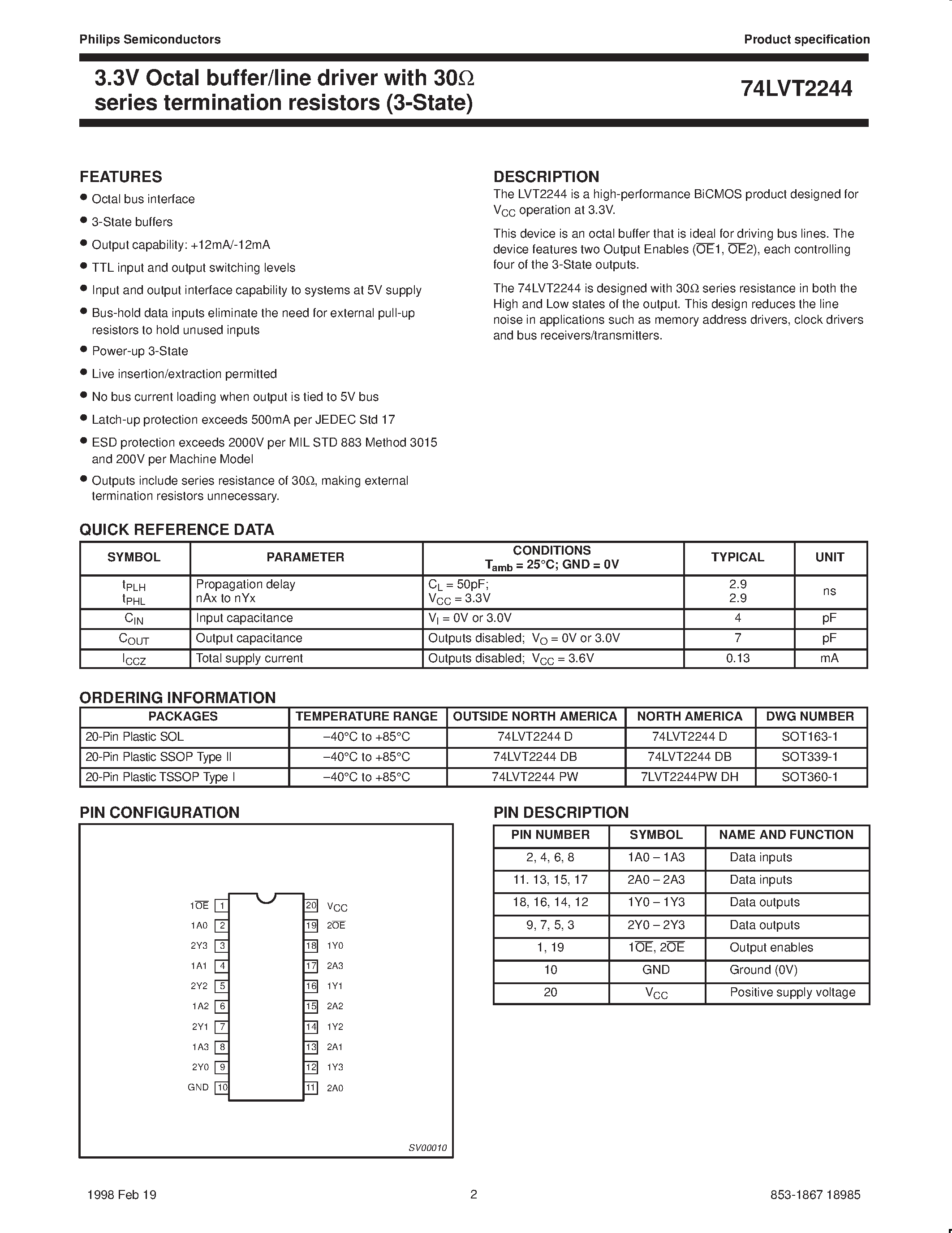 Datasheet 74LVT2244 - 3.3V Octal buffer/line driver with 30ohm series termination resistors 3-State page 2