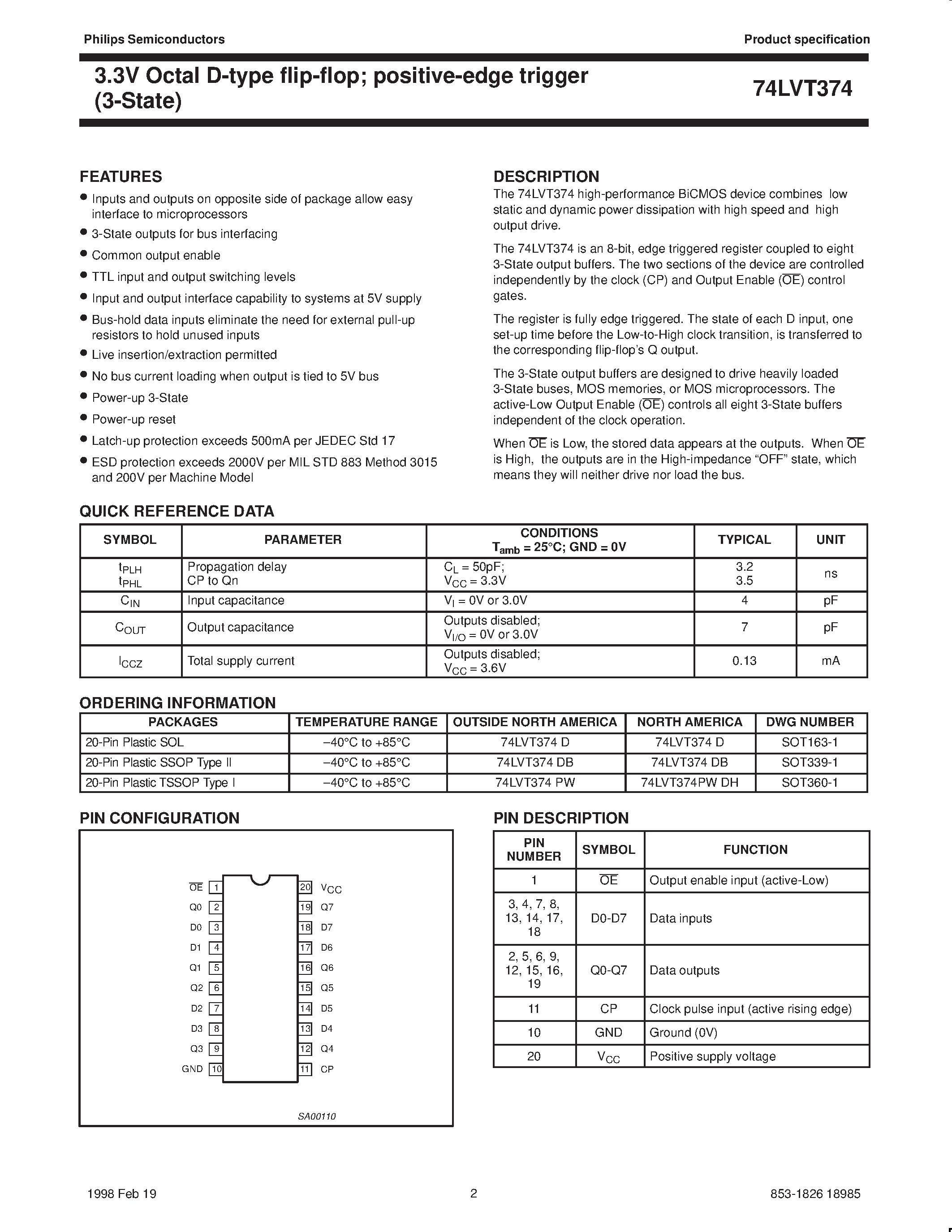 Даташит 74LVT374 - 3.3V Octal D-type flip-flop positive-edge trigger 3-State страница 2