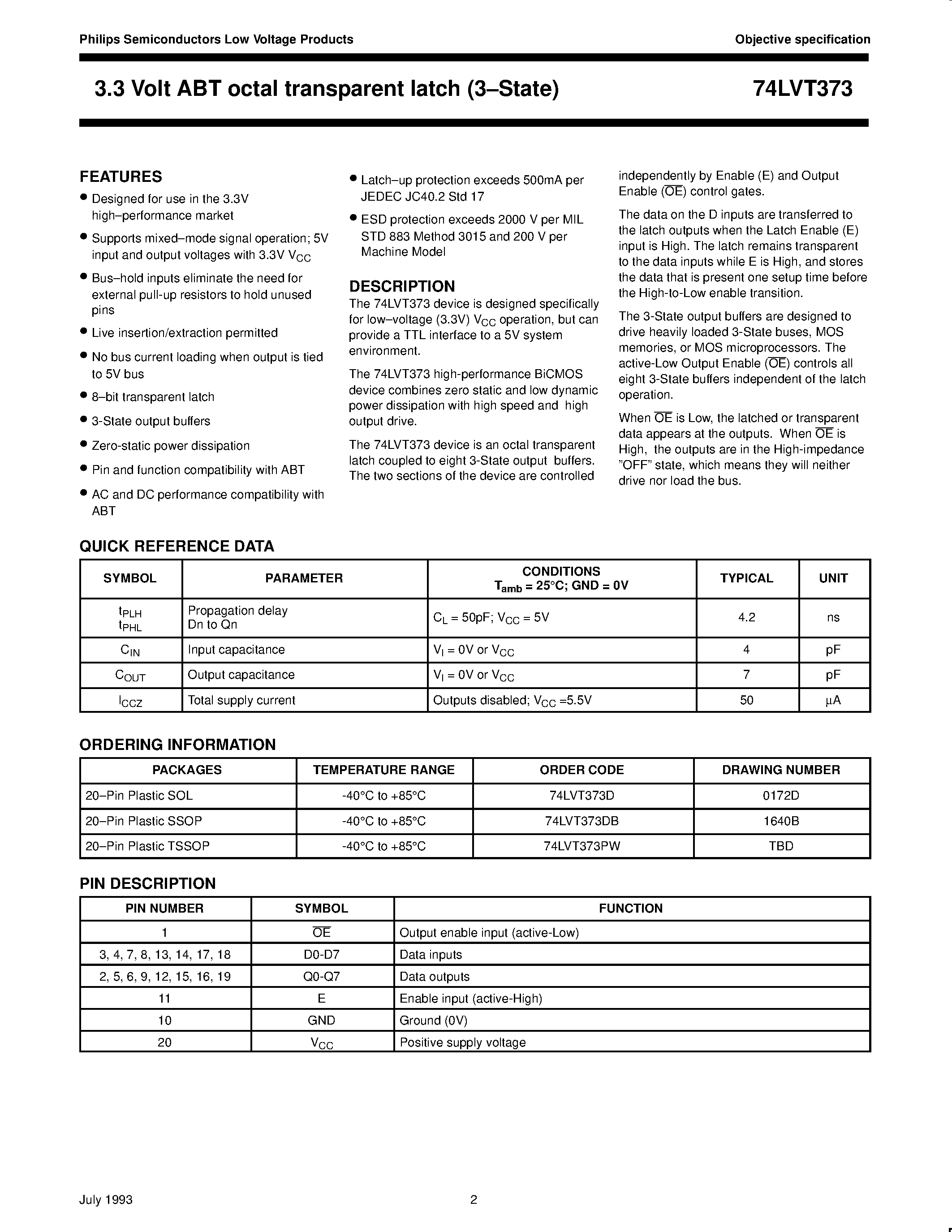 Datasheet 74LVT373 - 3.3 Volt ABT octal transparent latch 3-State page 1