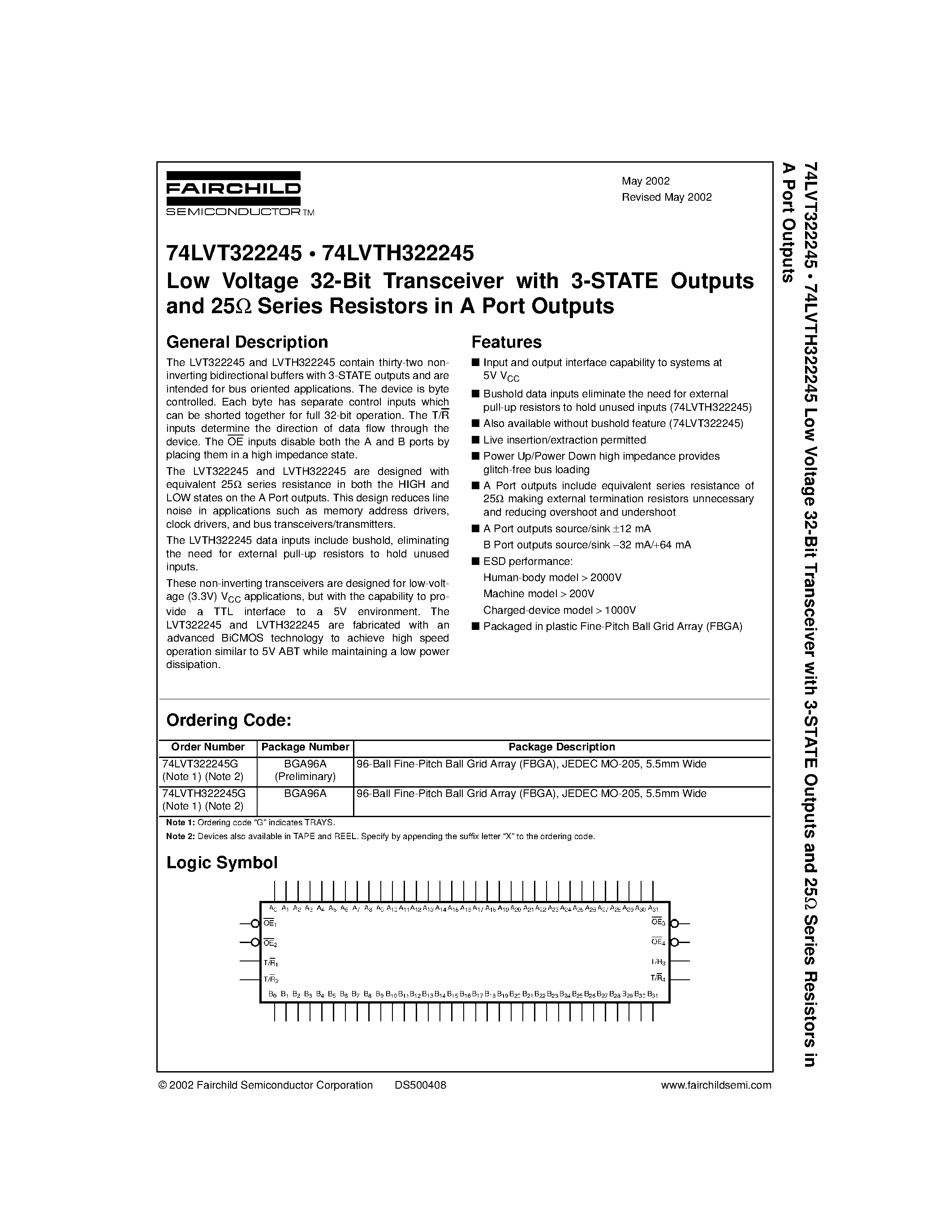 Datasheet 74LVT322245 - Low Voltage 32-Bit Transceiver with 3-STATE Outputs and 25ohm Series Resistors in A Port Outputs page 1