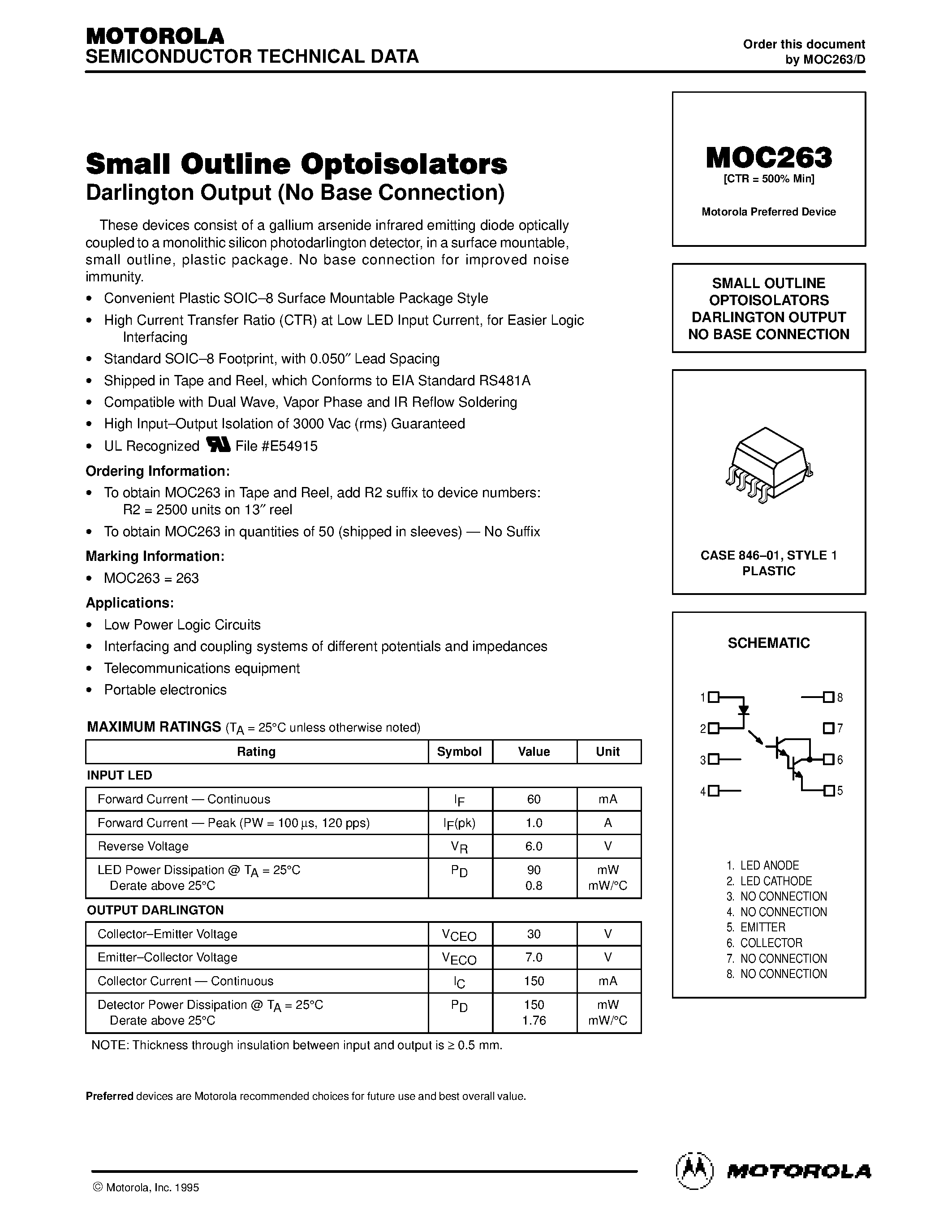 Datasheet MOC263 - SMALL OUTLINE OPTOISOLATORS DARLINGTON OUTPUT NO BASE CONNECTION page 1