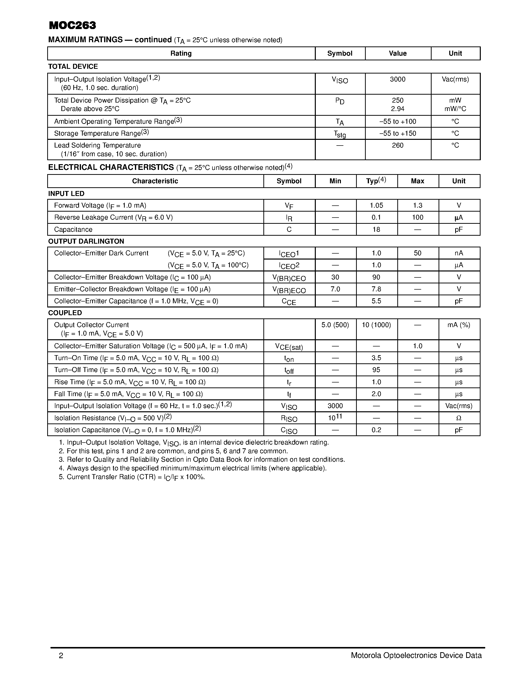 Datasheet MOC263 - SMALL OUTLINE OPTOISOLATORS DARLINGTON OUTPUT NO BASE CONNECTION page 2