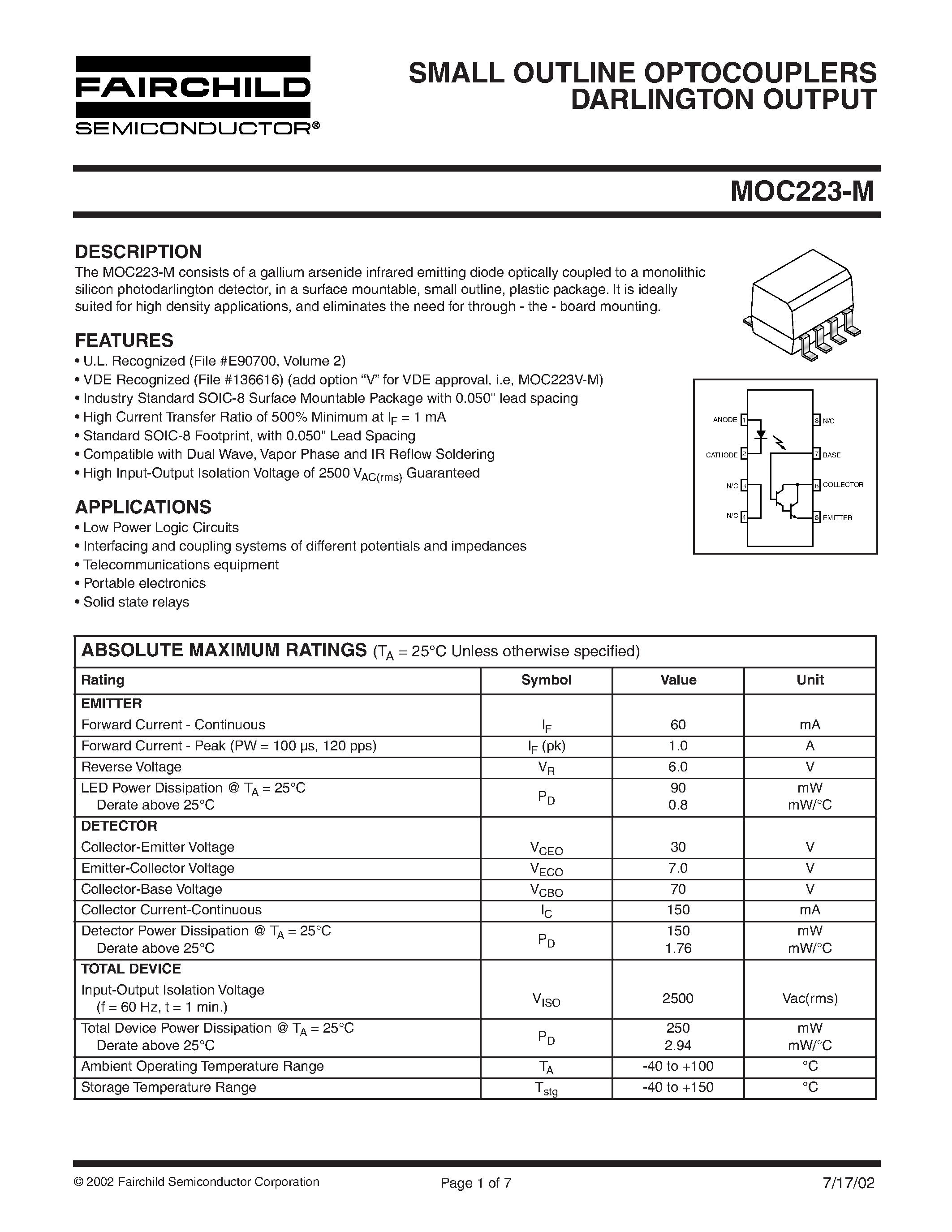 Datasheet MOC223 - SMALL OUTLINE OPTOCOUPLERS DARLINGTON OUTPUT page 1