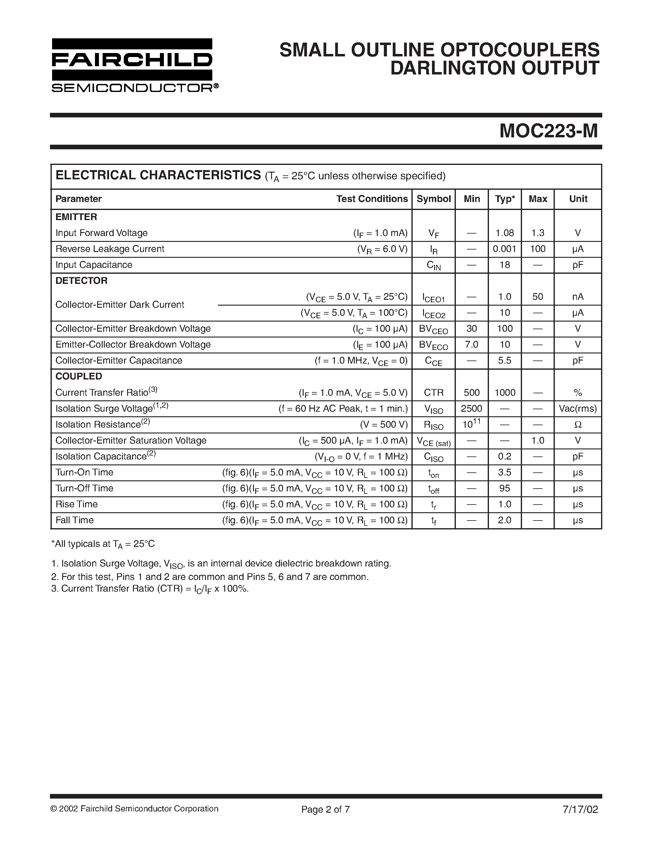 Datasheet MOC223 - SMALL OUTLINE OPTOCOUPLERS DARLINGTON OUTPUT page 2