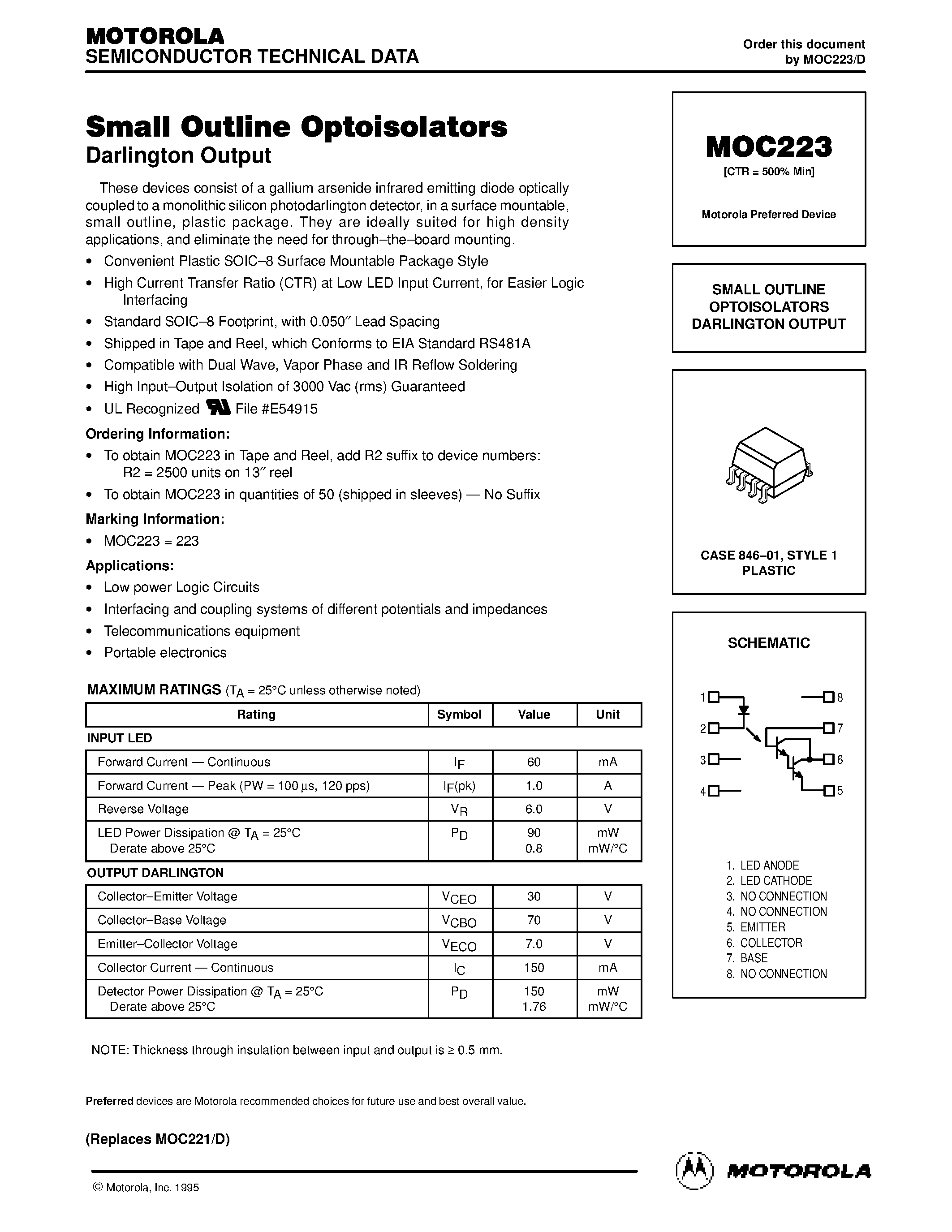 Datasheet MOC223 - SMALL OUTLINE OPTOISOLATORS DARLINGTON OUTPUT page 1