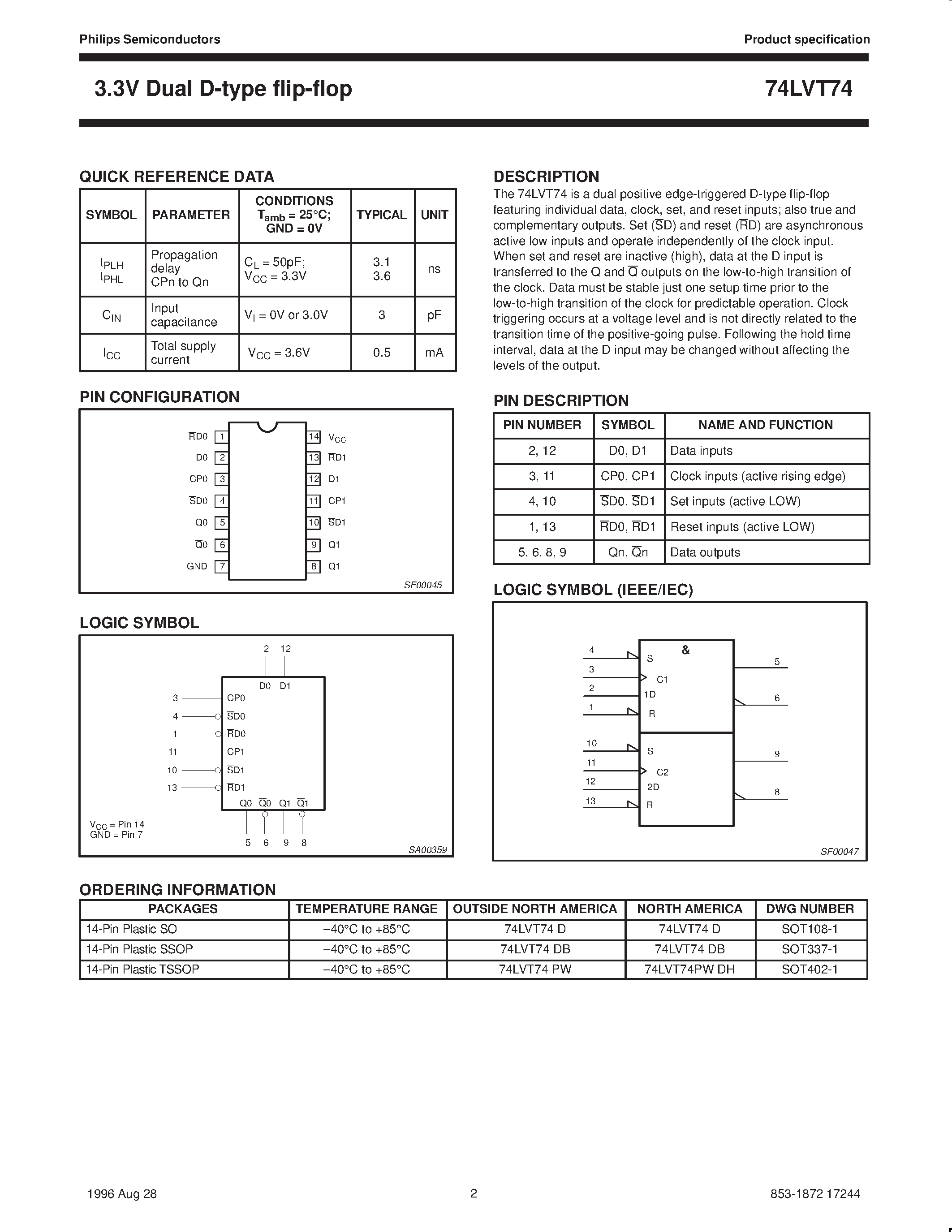 Datasheet 74LVT74 - 3.3V Dual D-type flip-flop page 2