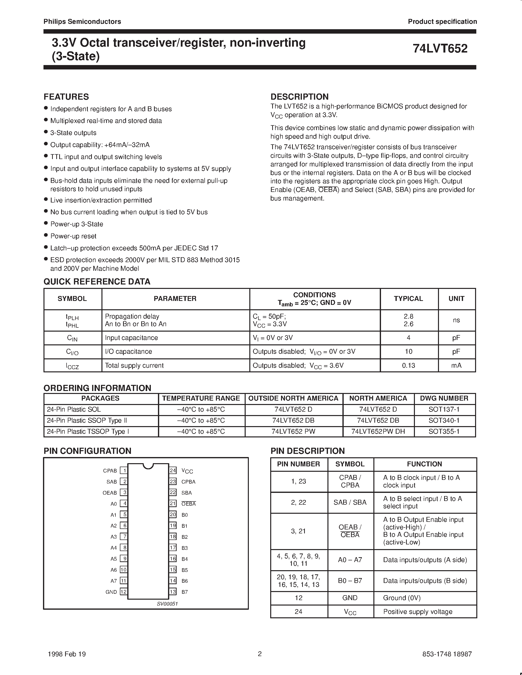 Datasheet 74LVT652 - 3.3V Octal transceiver/register / non-inverting 3-State page 2