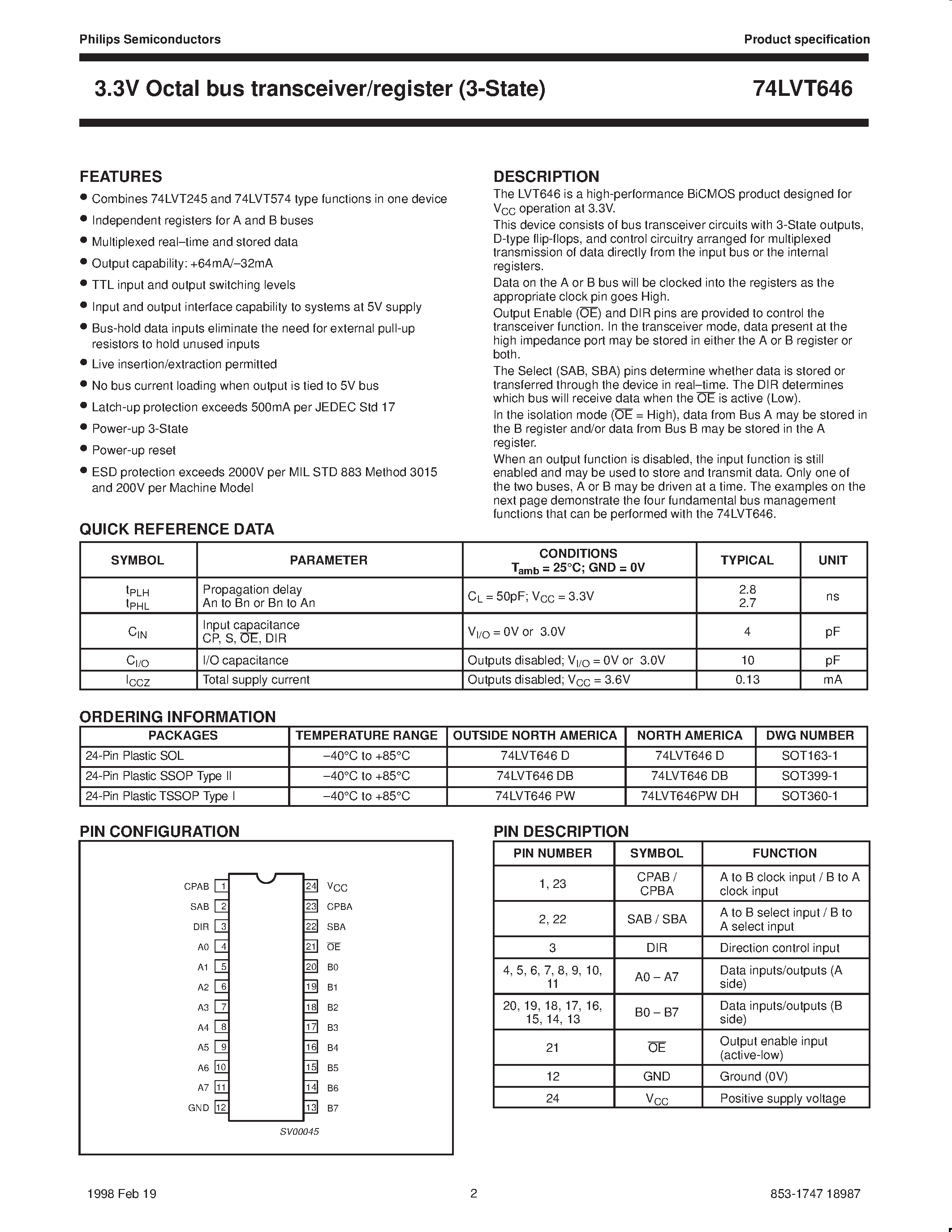 Datasheet 74LVT646 - 3.3V Octal bus transceiver/register 3-State page 2