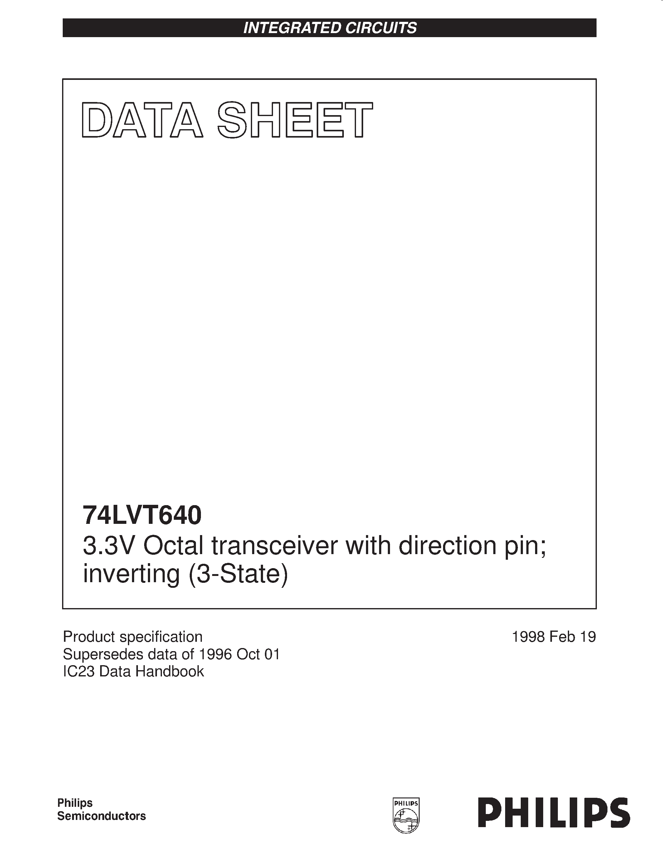 Datasheet 74LVT640 - 3.3V Octal transceiver with direction pin inverting 3-State page 1