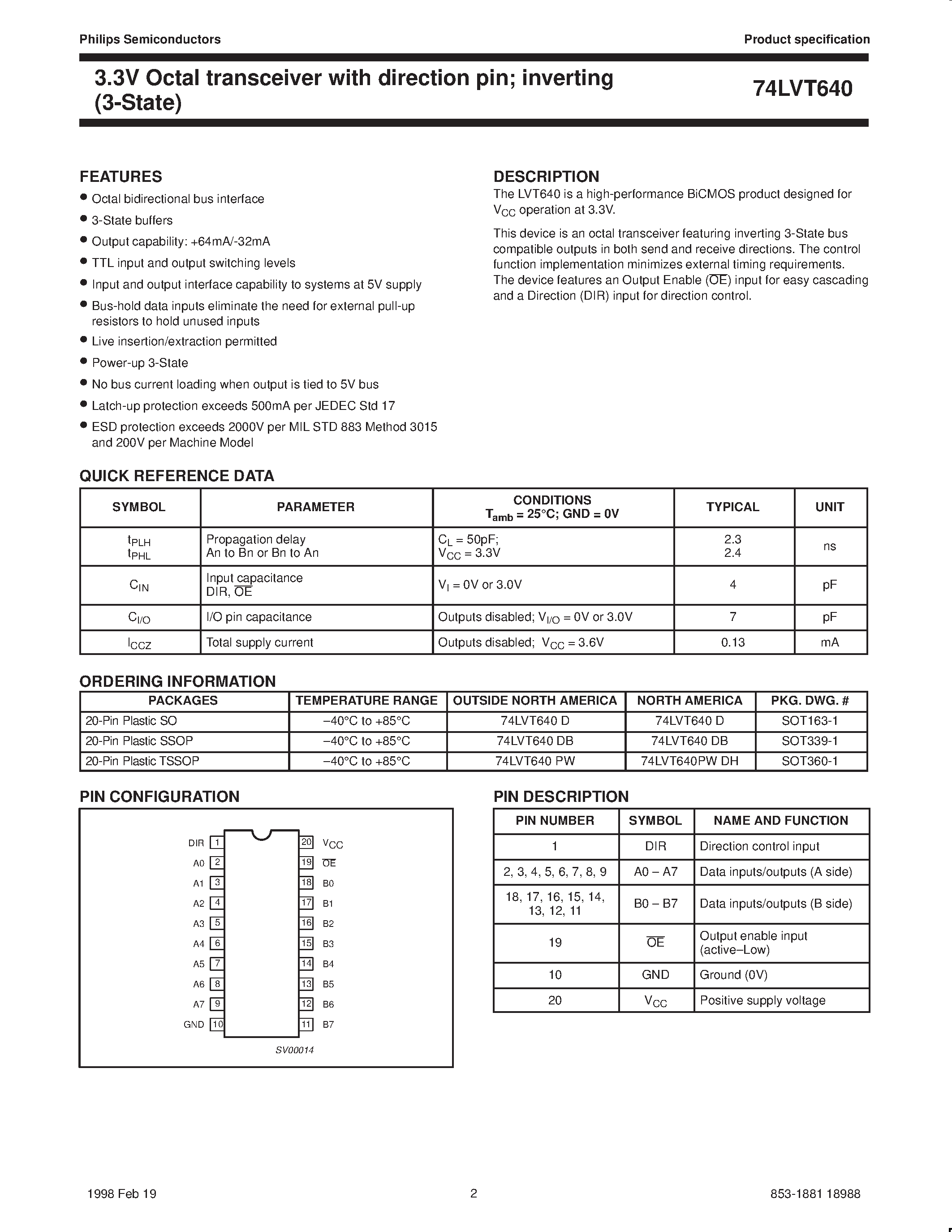 Datasheet 74LVT640 - 3.3V Octal transceiver with direction pin inverting 3-State page 2