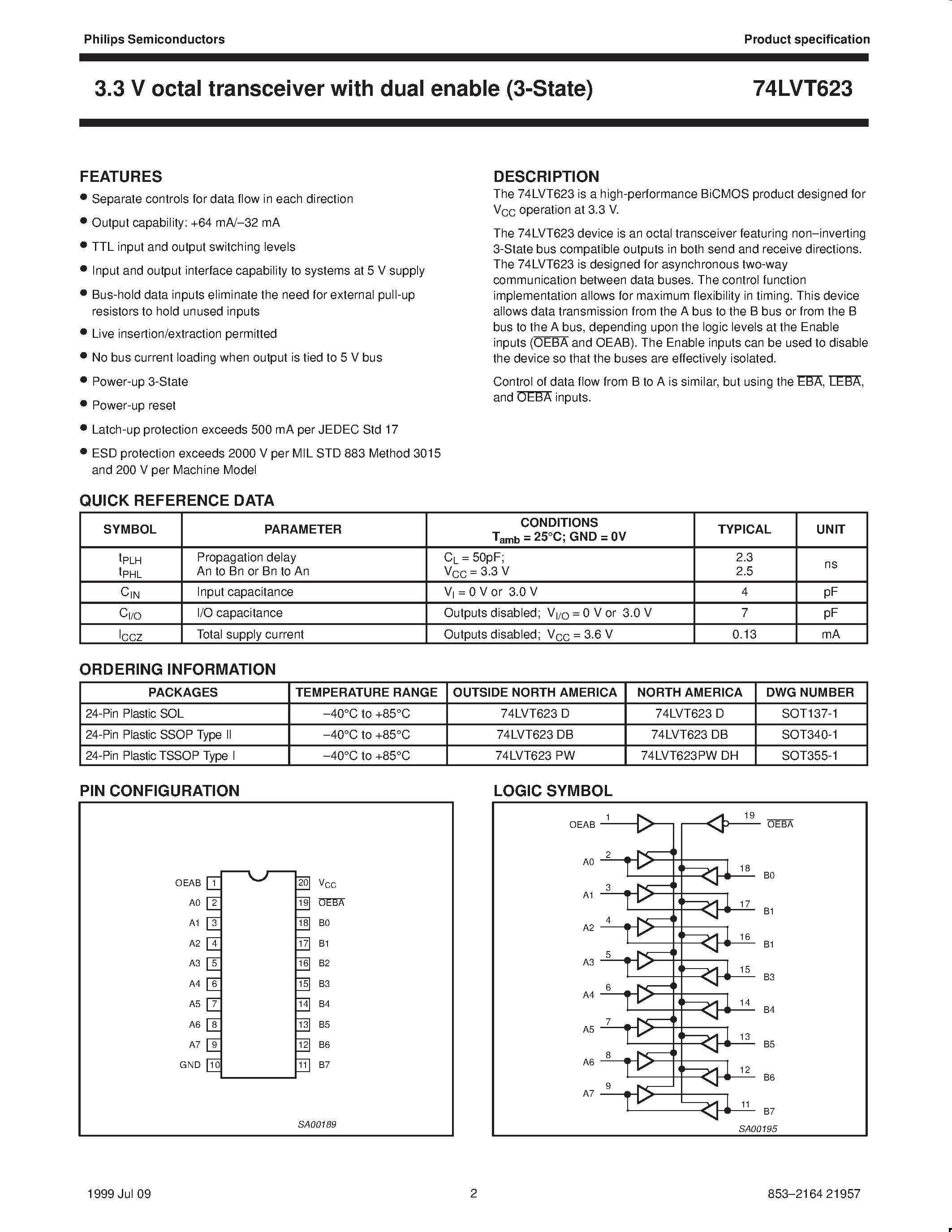 Datasheet 74LVT623 - 3.3 V octal transceiver with dual enable 3-State page 2