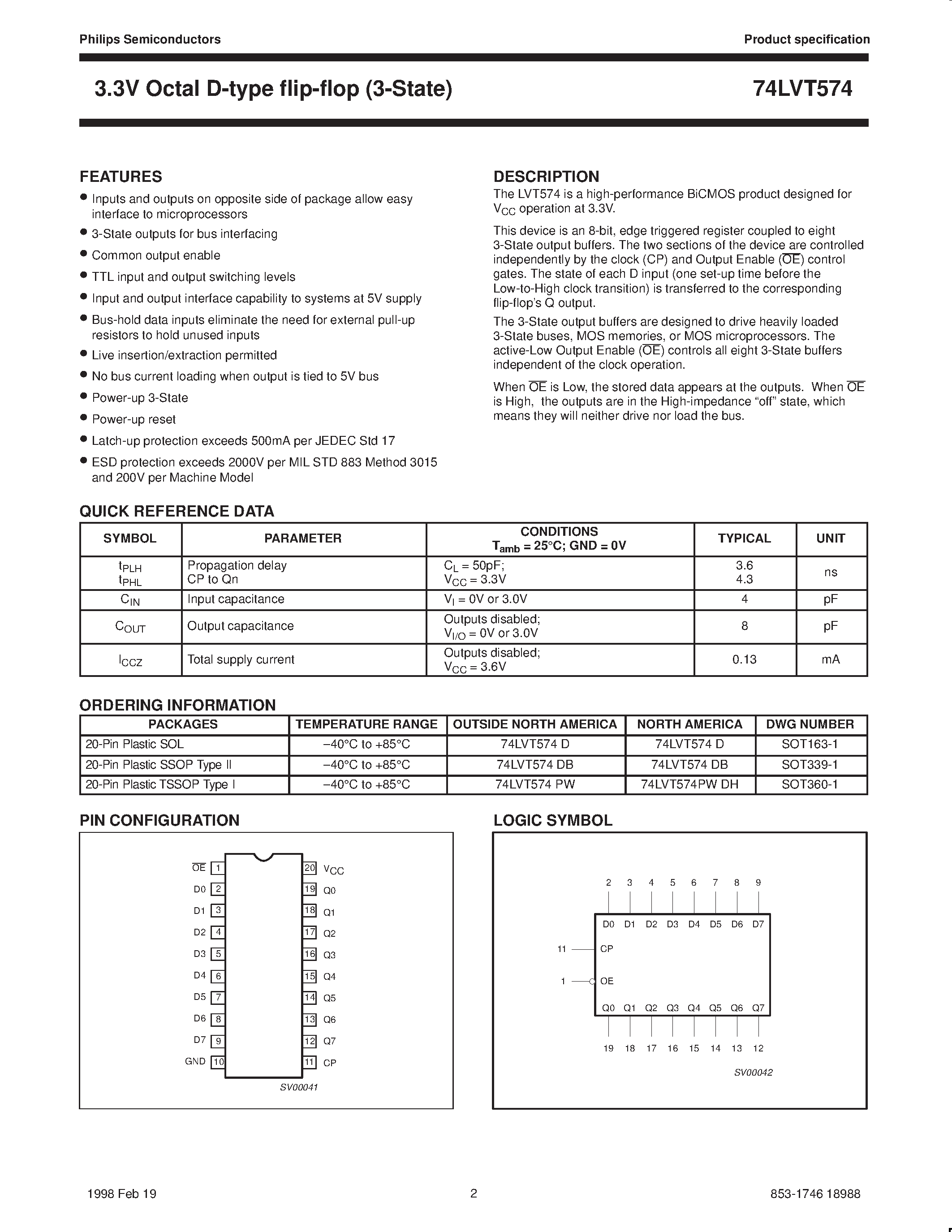 Datasheet 74LVT574 - 3.3V Octal D-type flip-flop 3-State page 2