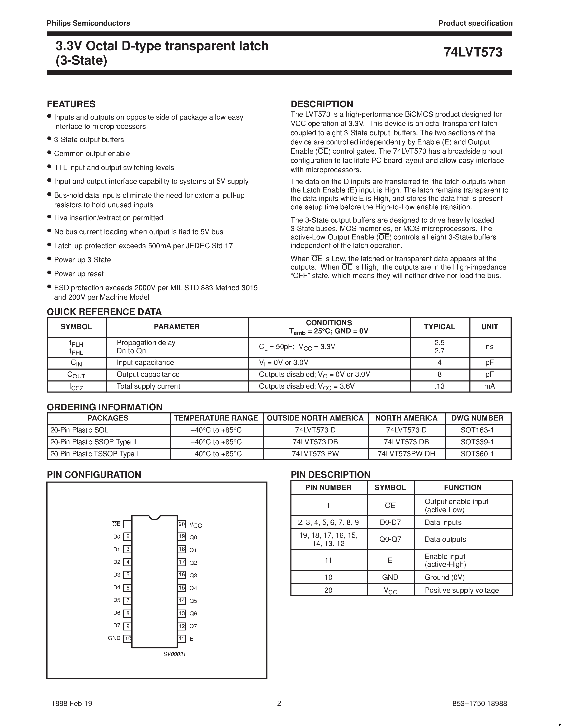 Datasheet 74LVT573 - 3.3V Octal D-type transparent latch 3-State page 2