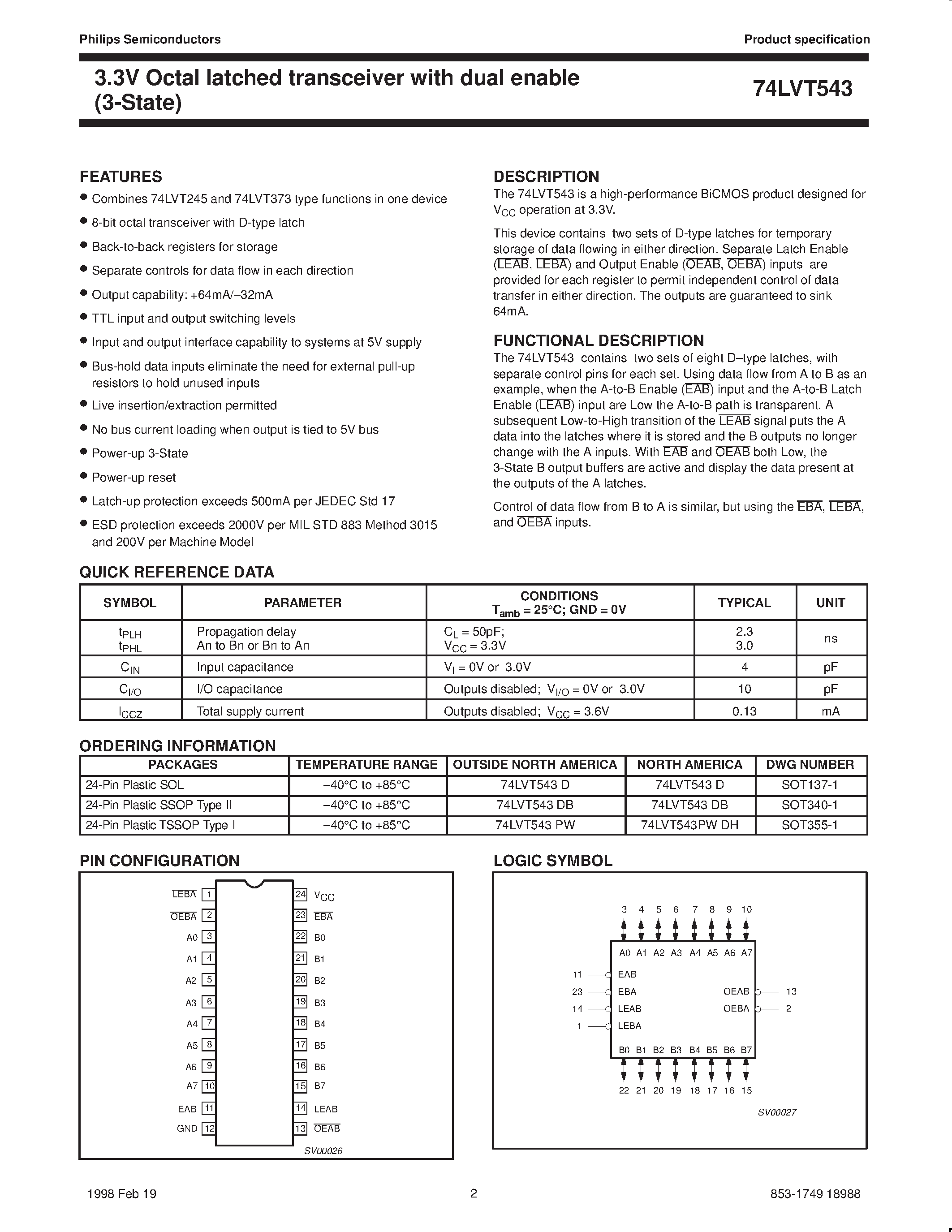 Datasheet 74LVT543 - 3.3V Octal latched transceiver with dual enable 3-State page 2