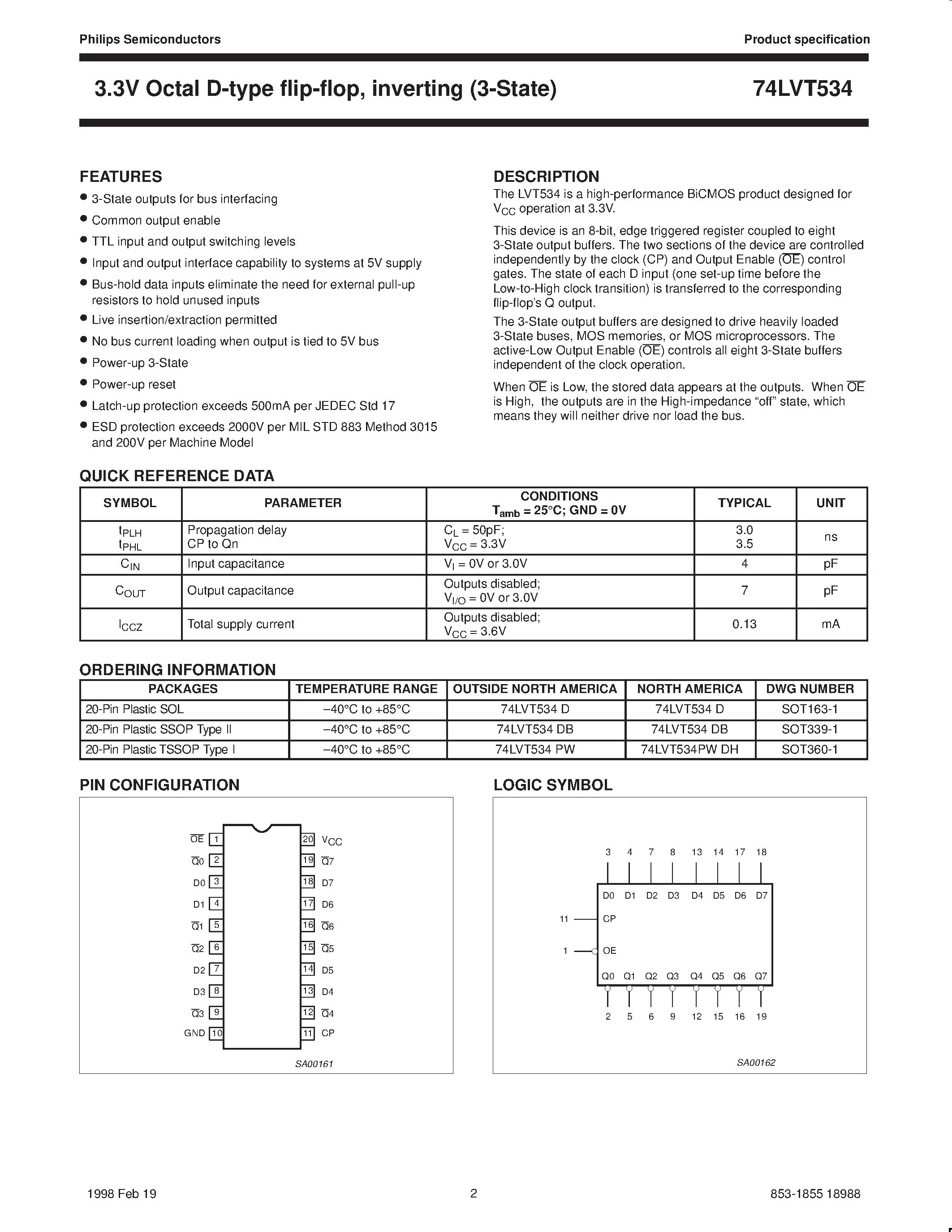 Datasheet 74LVT534 - 3.3V Octal D-type flip-flop inverting 3-State page 2