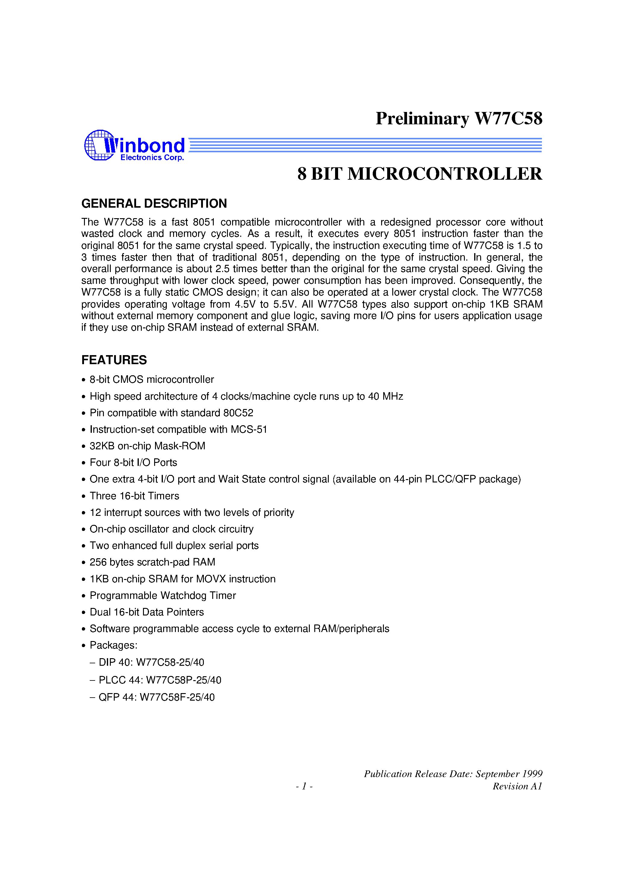 Даташит W77C58 - 8 BIT MICROCONTROLLER страница 1