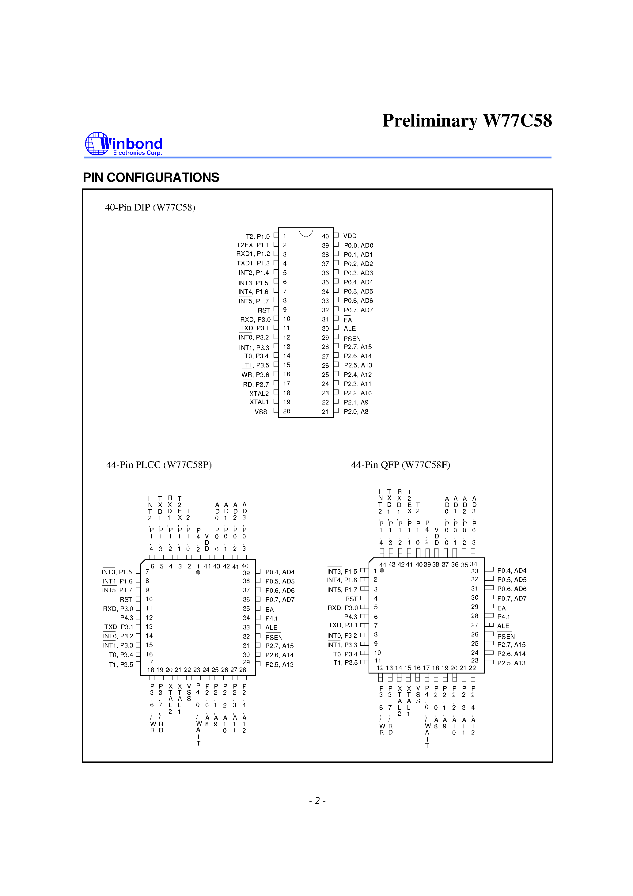 Даташит W77C58 - 8 BIT MICROCONTROLLER страница 2