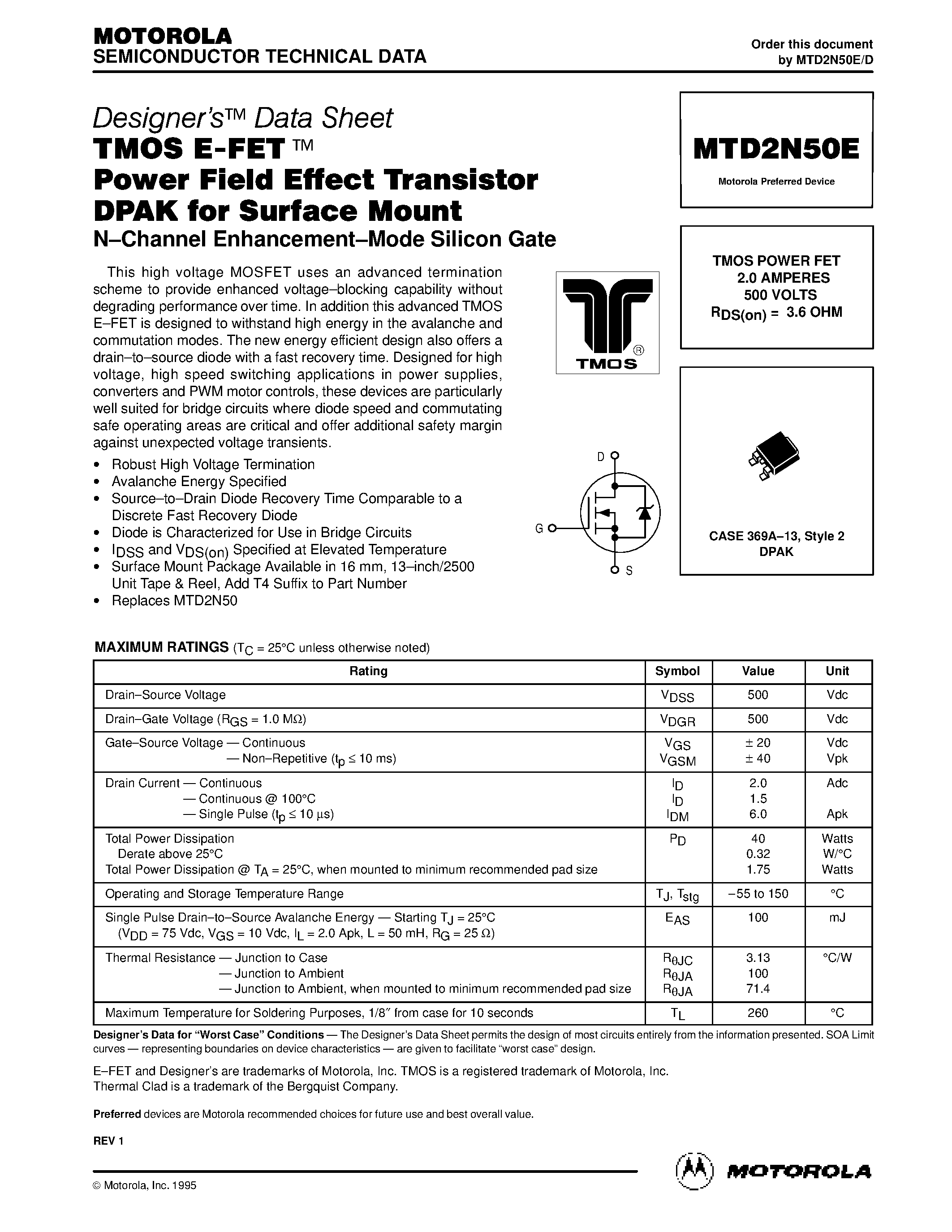 Даташит MTD2N50E - TMOS POWER FET 2.0 AMPERES 500 VOLTS RDS(on) = 3.6 OHM страница 1