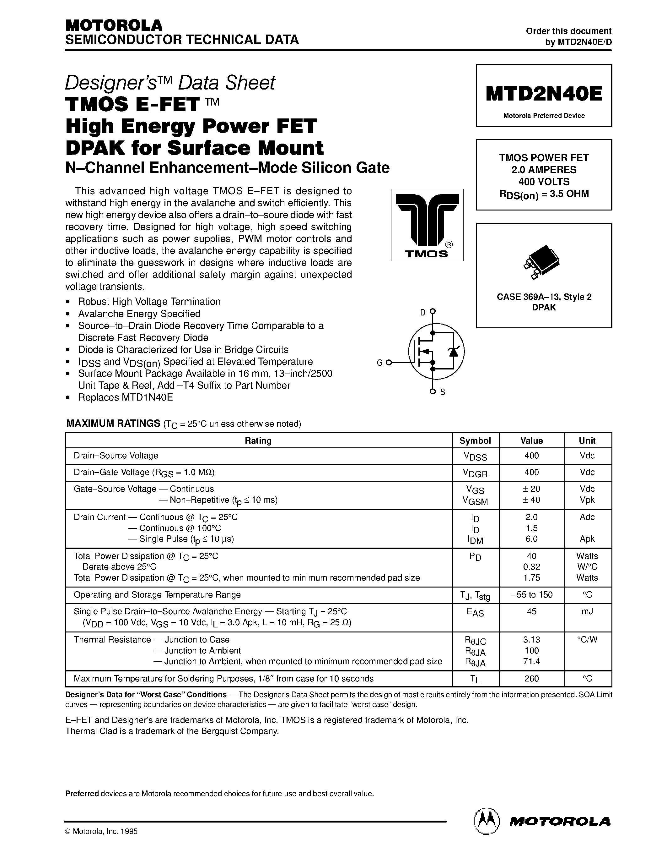 Даташит MTD2N40E - TMOS POWER FET 2.0 AMPERES 400 VOLTS RDS(on) = 3.5 OHM страница 1