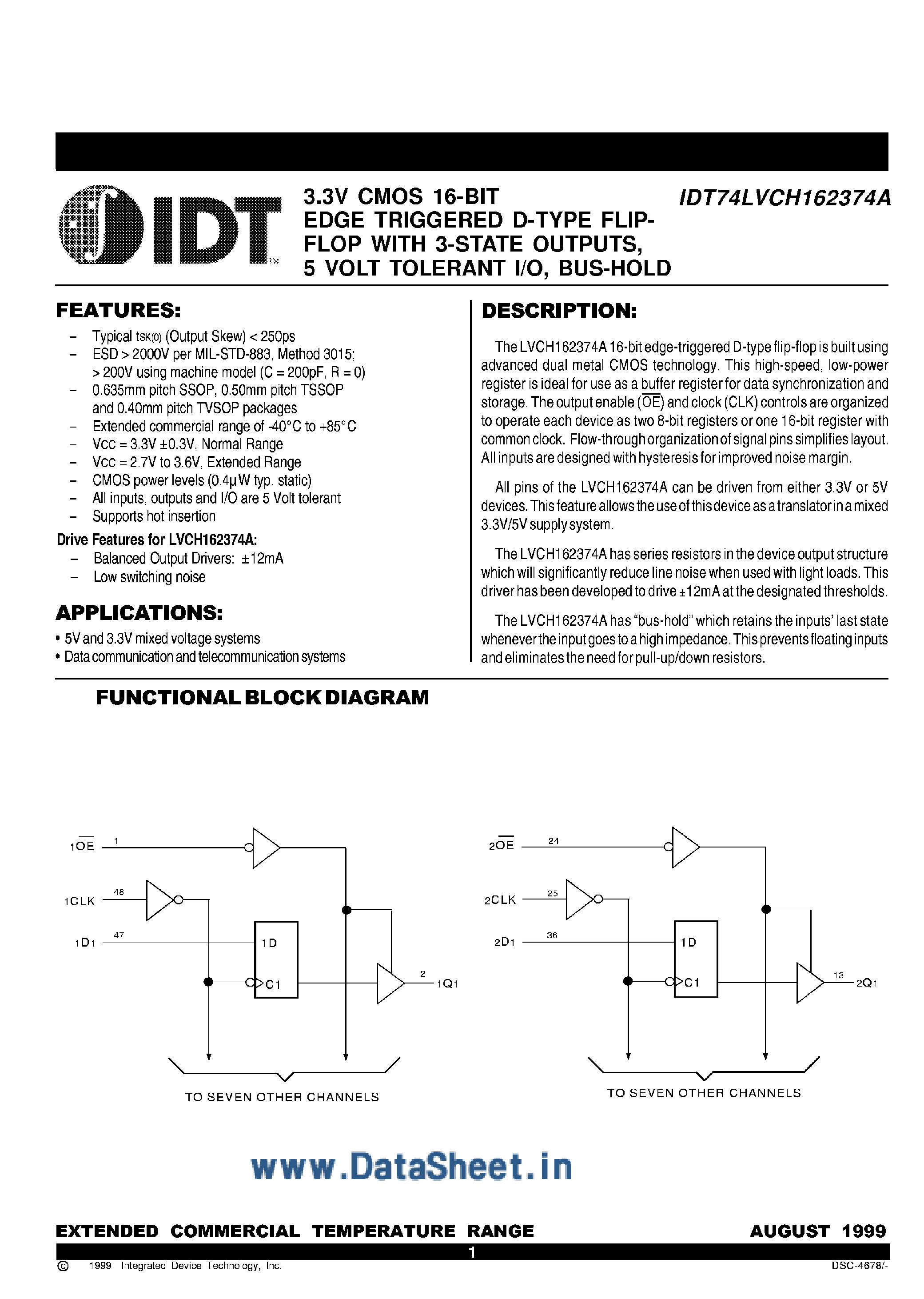 Даташит IDT74LVC162374A - 3.3V CMOS 16-Bit EDGE Triggered D-Type F-F страница 1