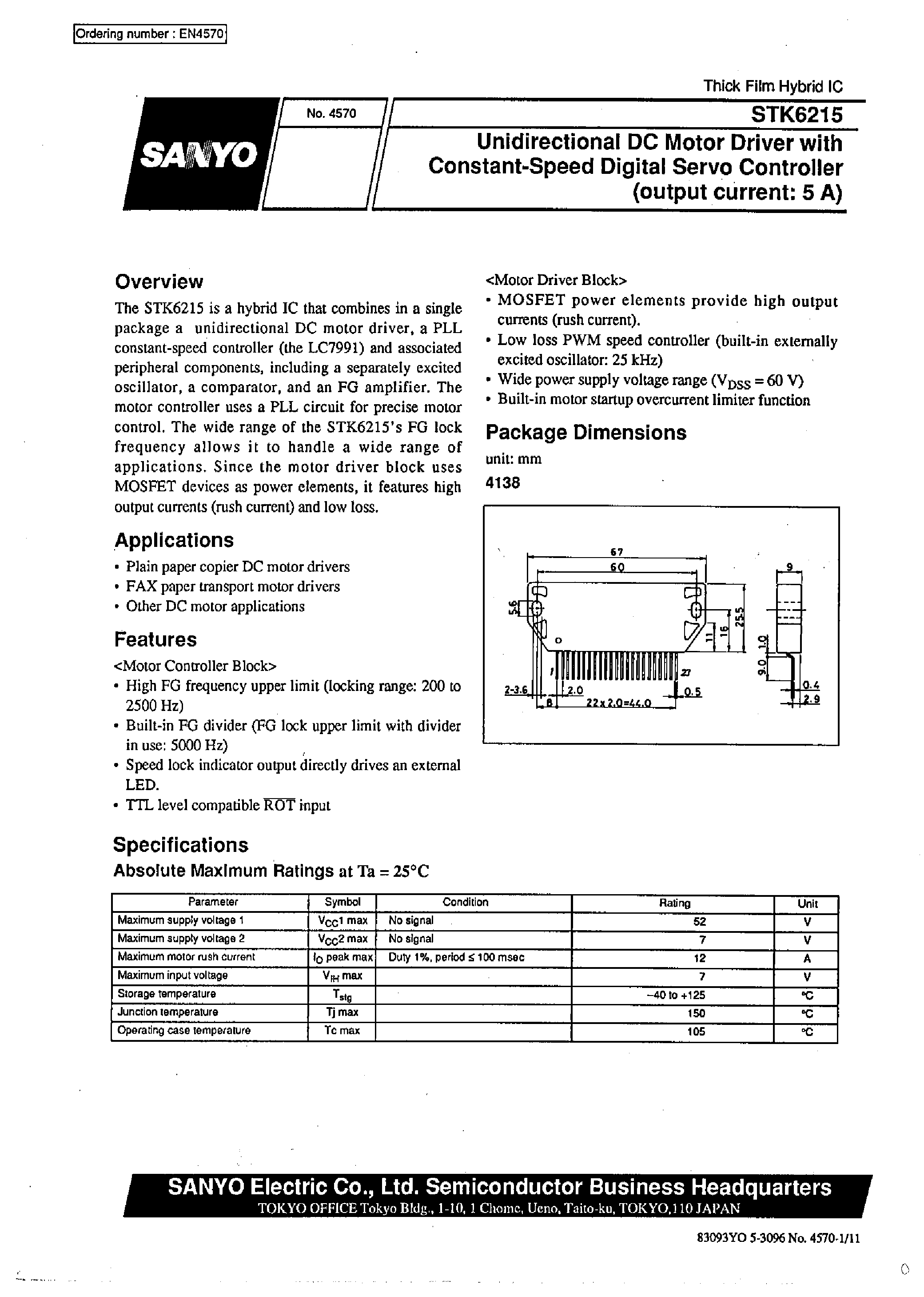 Datasheet STK6215 - Unidirectional DC Motor Driver with Constant-Speed Digital Servo Controller(output current:5A) page 1