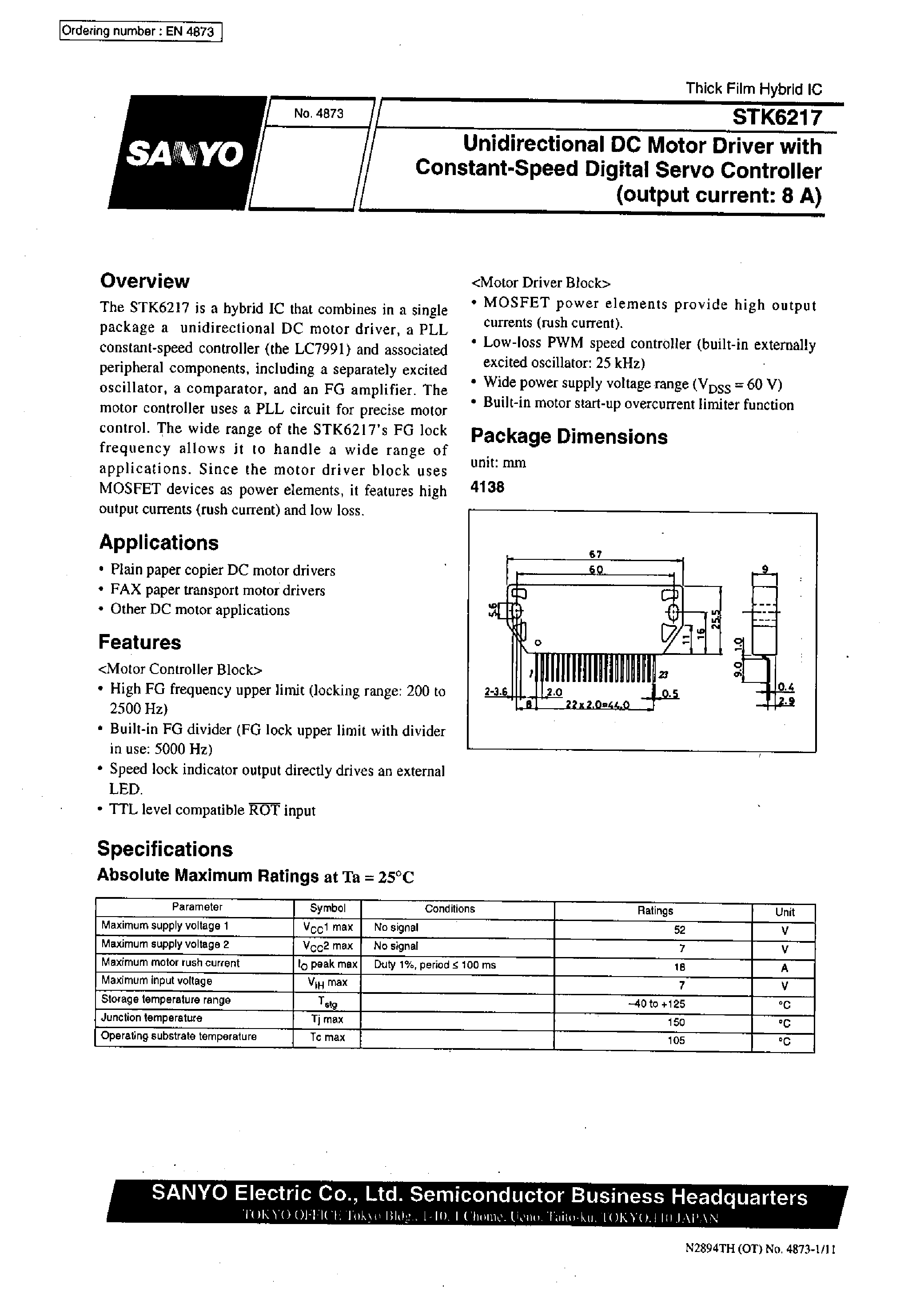 Datasheet STK6217 - Unidirectional DC Motor Driver with Constant-Speed Digital Servo Controller(output current:8A) page 1