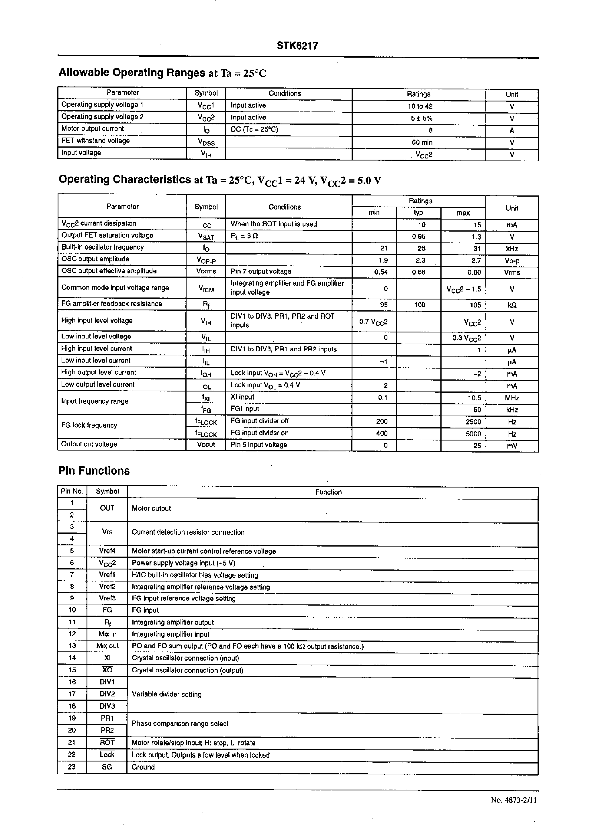 Datasheet STK6217 - Unidirectional DC Motor Driver with Constant-Speed Digital Servo Controller(output current:8A) page 2