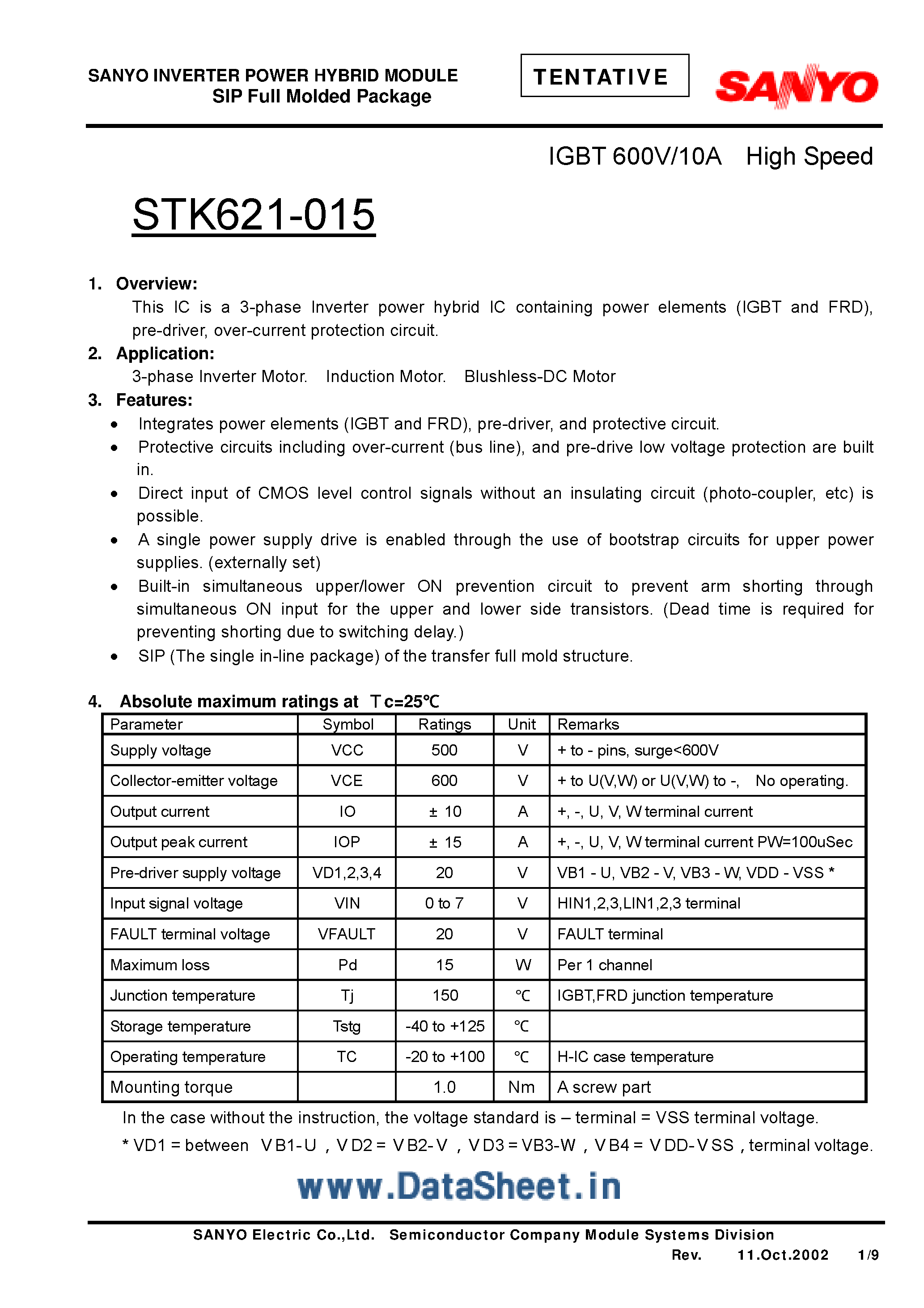 Datasheet STK621-015 - IGBT 600V/10A High Speed page 1