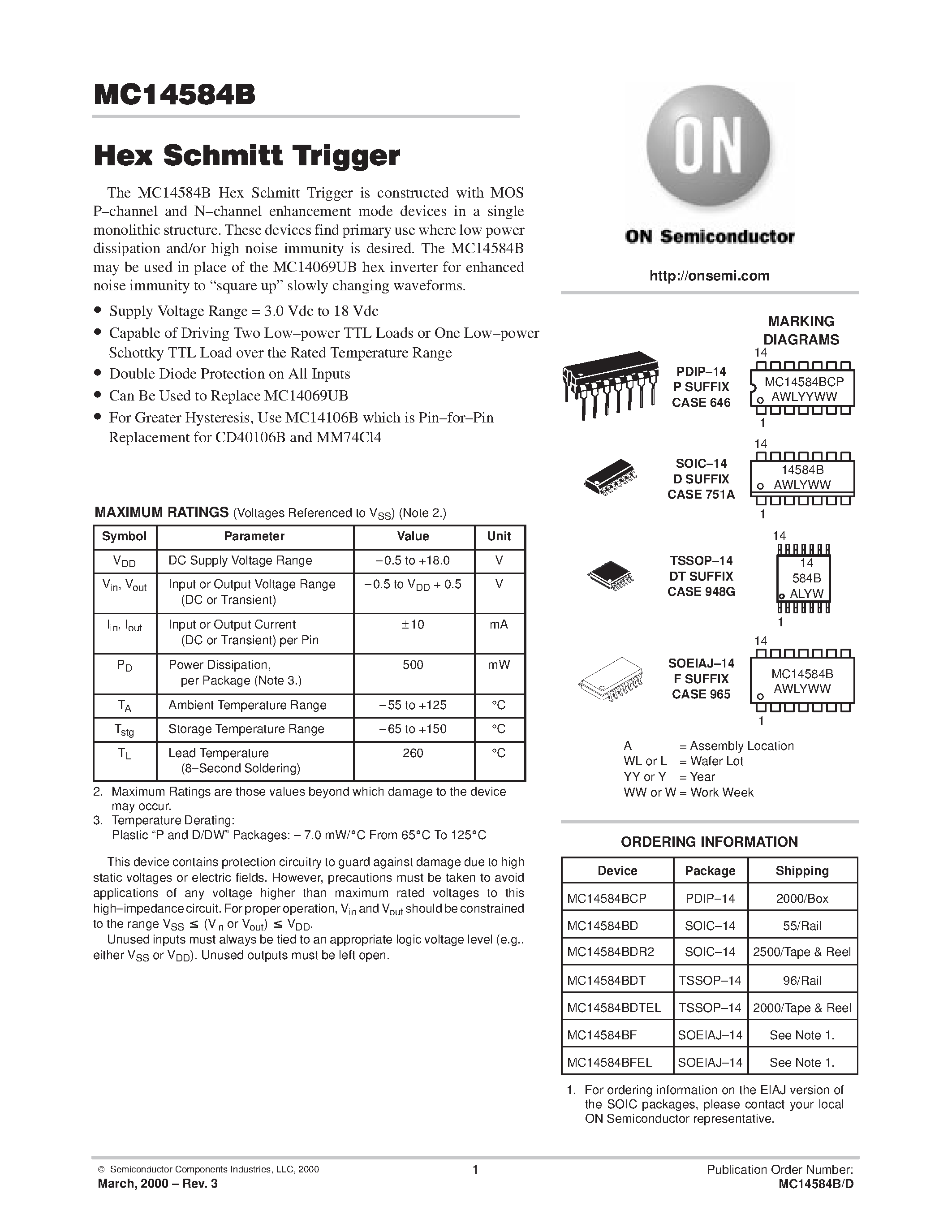 Даташит MC14584B - Hex Schmitt Trigger страница 1