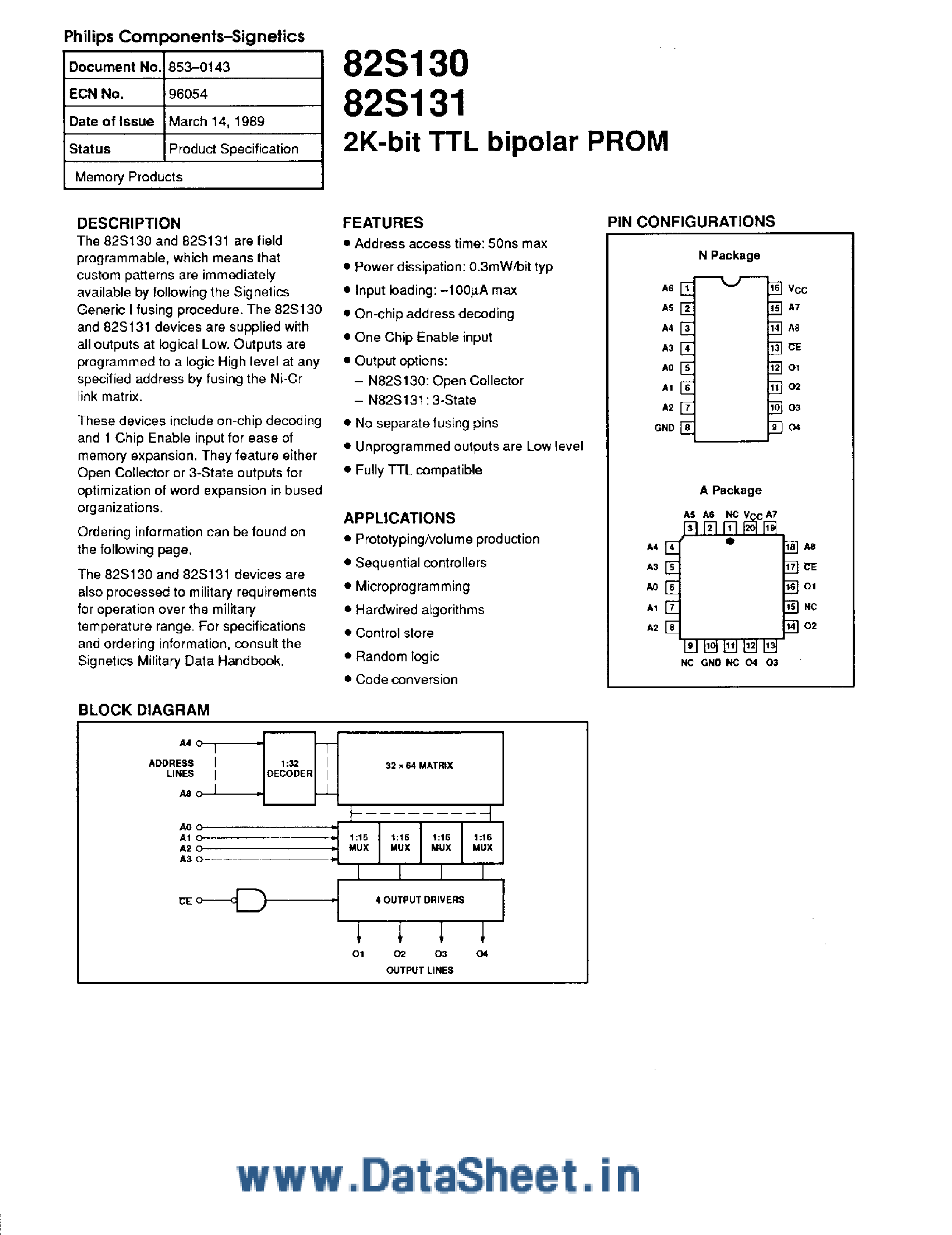 Даташит 82S130 - (82S130 / 82S131) 2K-bit TTL Bipolar PROM страница 1