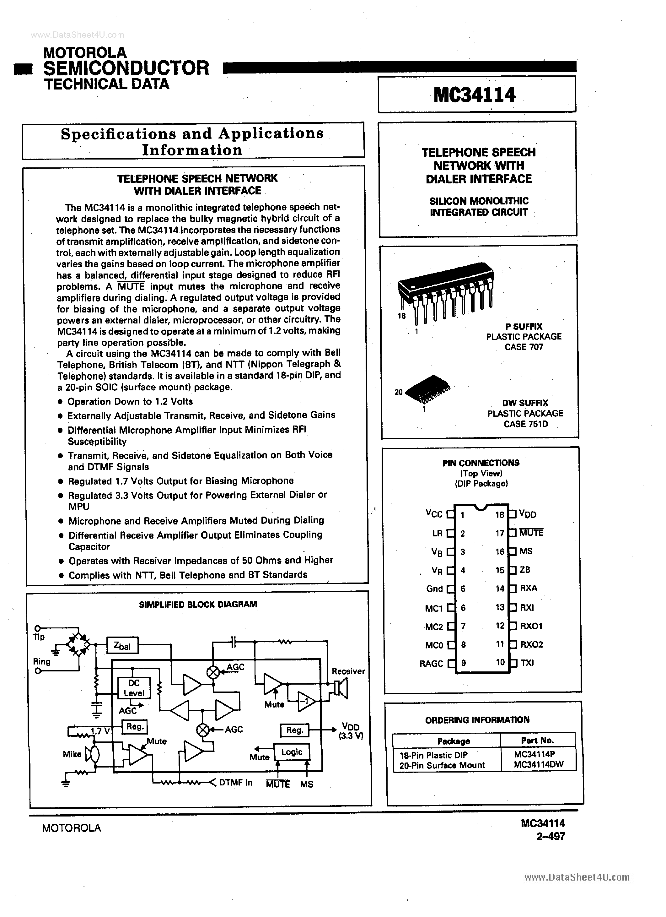 Даташит MC34114 - TELEPHONE SPEECH NETWORK WITH DIALER INTERFACE страница 1