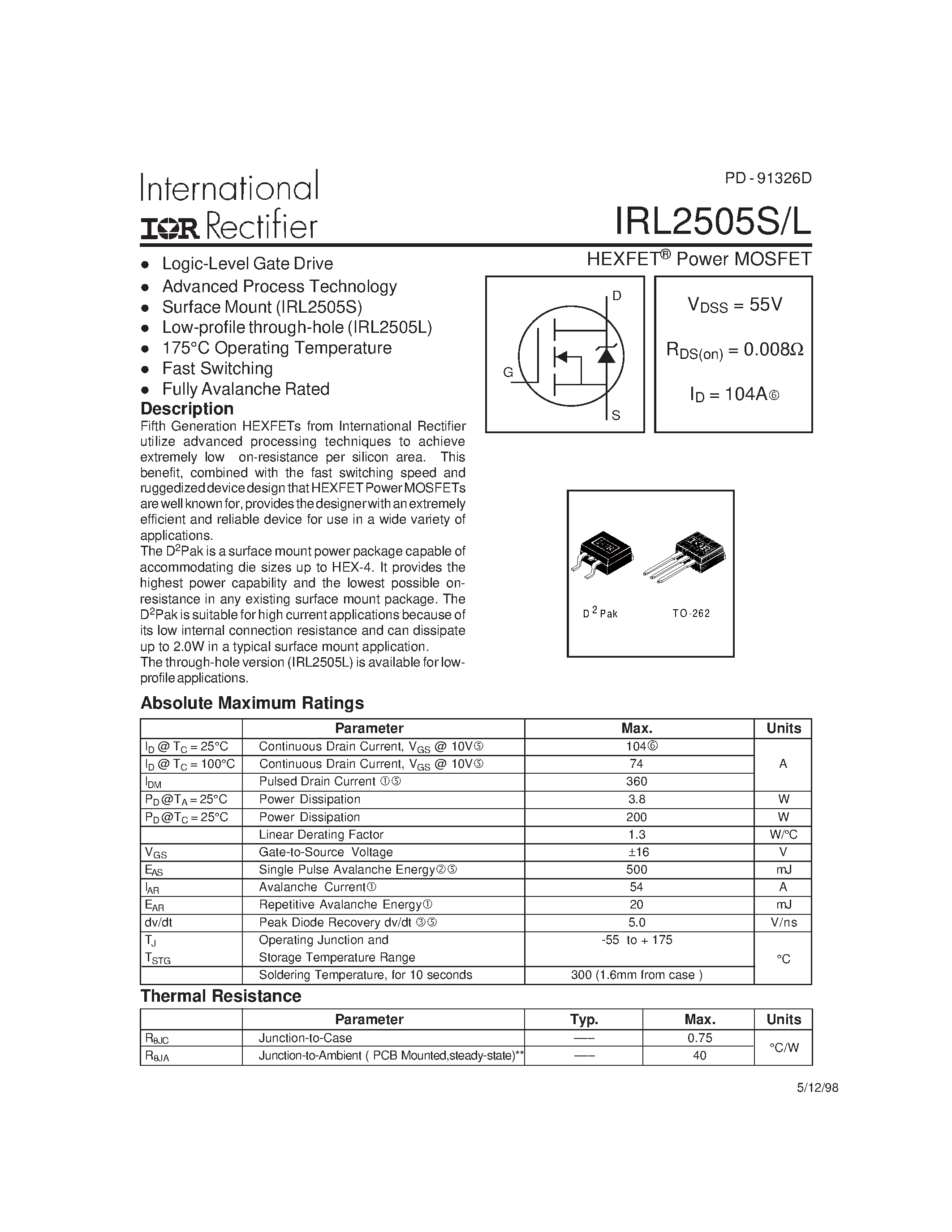 Datasheet IRL2505 - Power MOSFET page 1