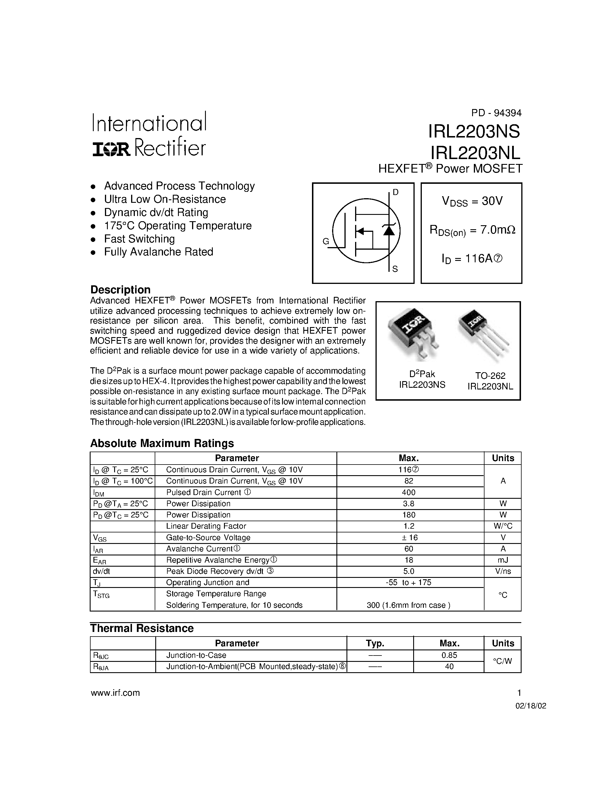 Datasheet IRL2203NL - Power MOSFET page 1