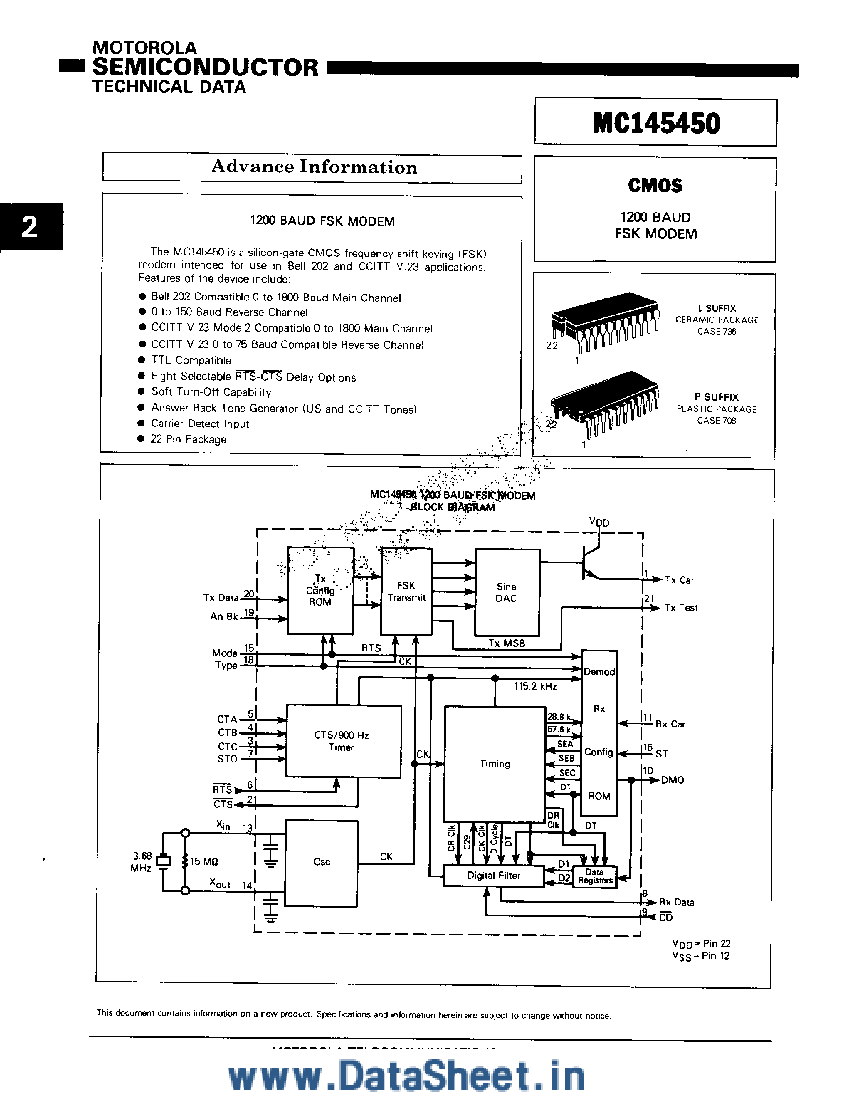 Даташит MC145450 - 1200 Baud FSK Modem страница 1