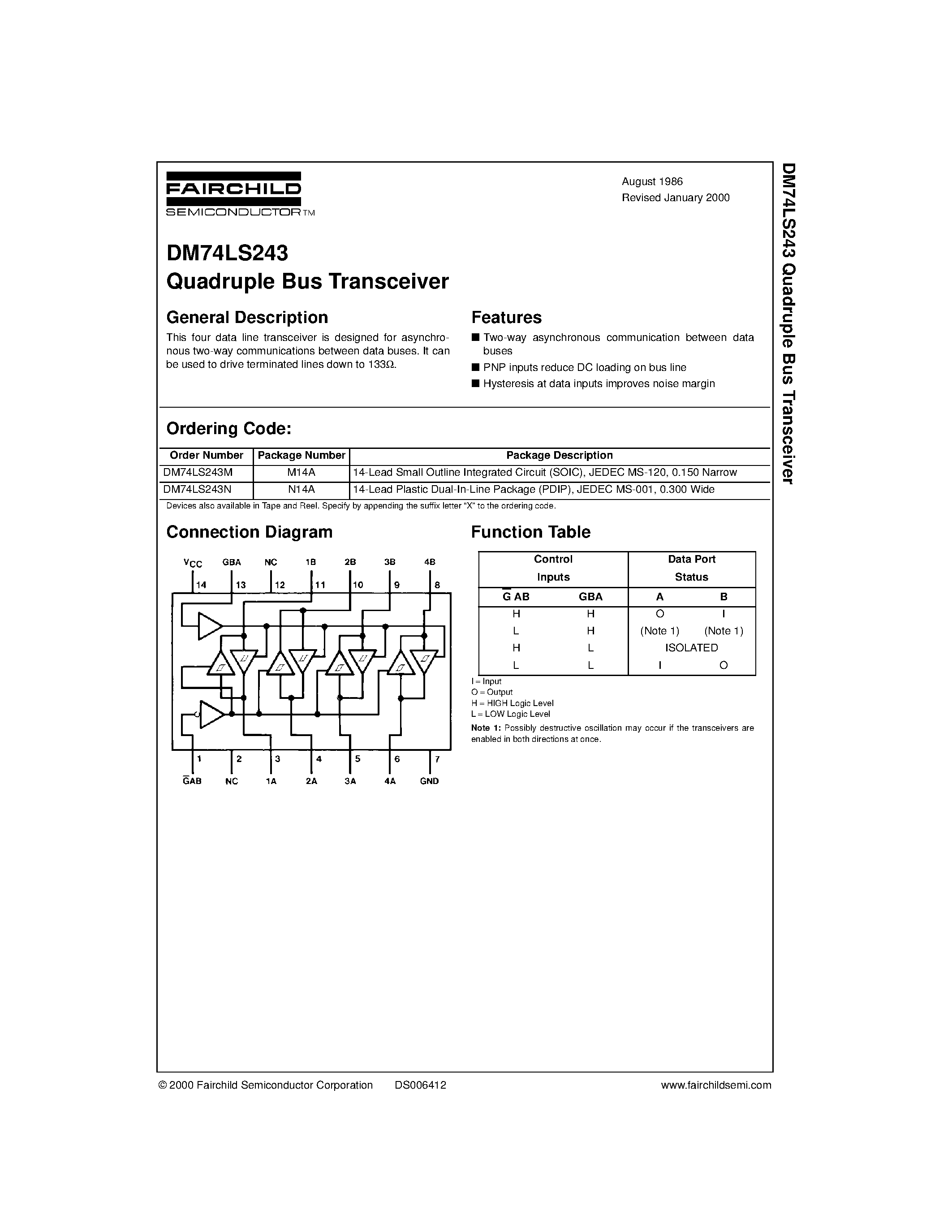 Datasheet DM74LS243 - Quadruple Bus Transceiver page 1