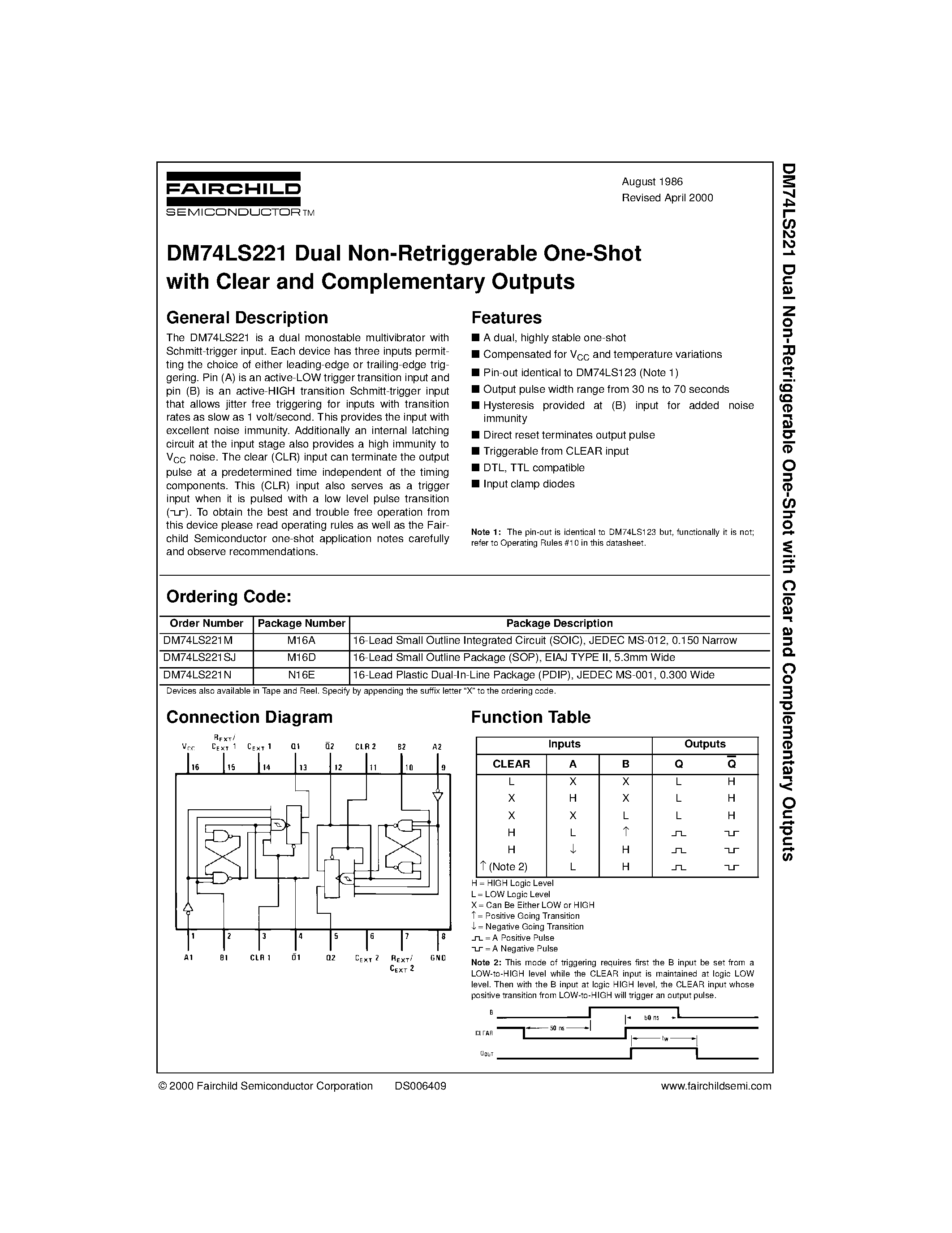 Datasheet DM74LS221 - Dual Non-Retriggerable One-Shot with Clear and Complementary Outputs page 1