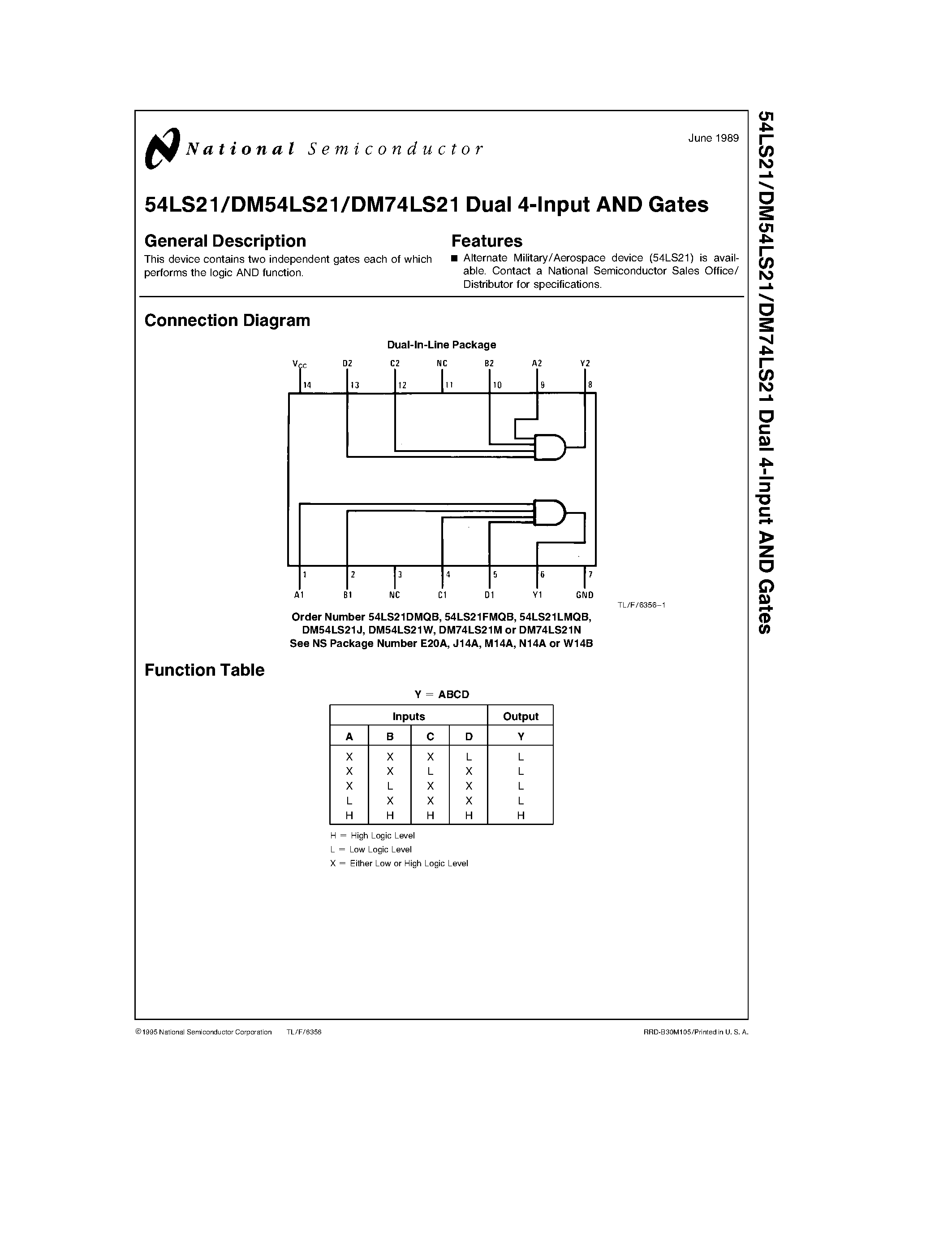 Datasheet DM74LS21 - Dual 4-Input AND Gates page 1