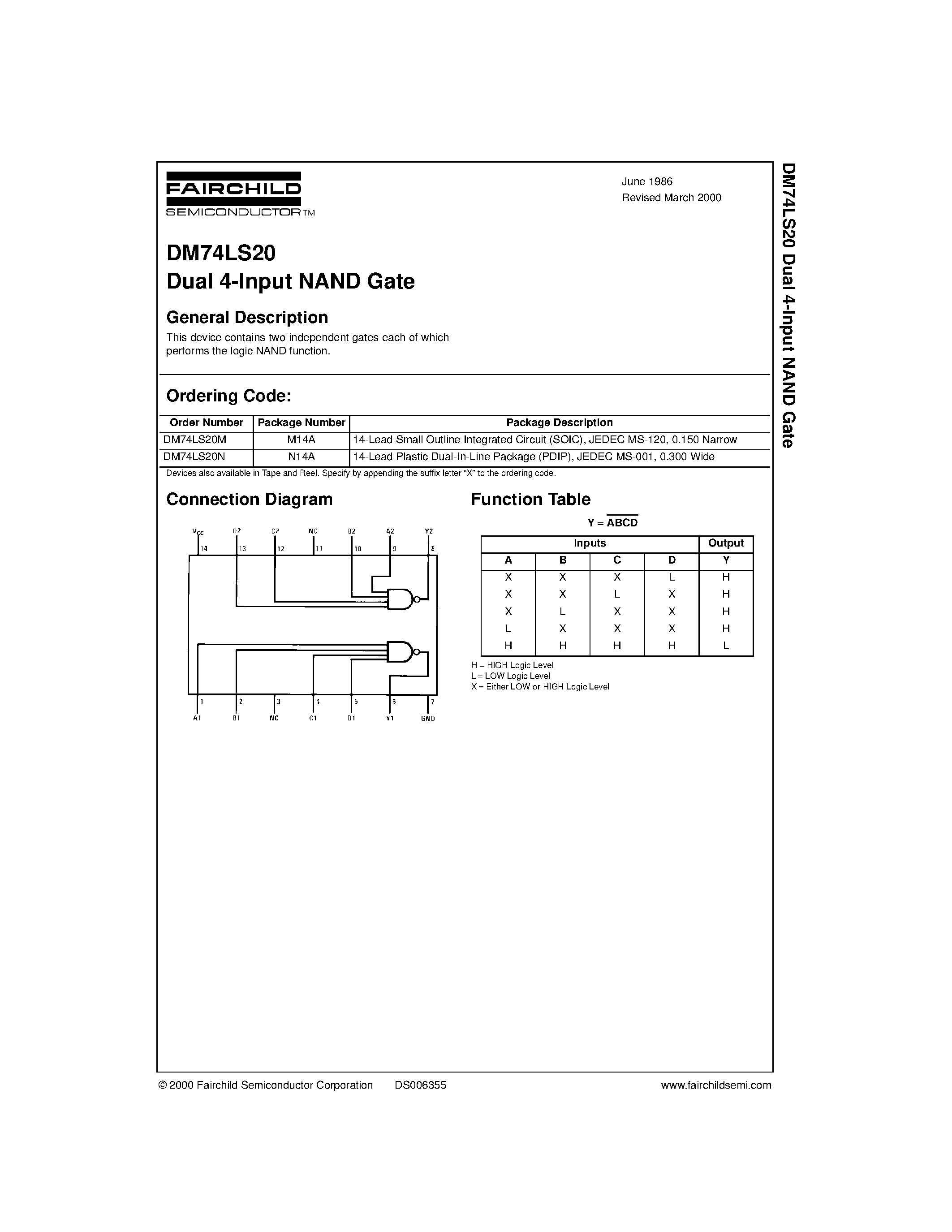 Datasheet DM74LS20 - Dual 4-Input NAND Gate page 1