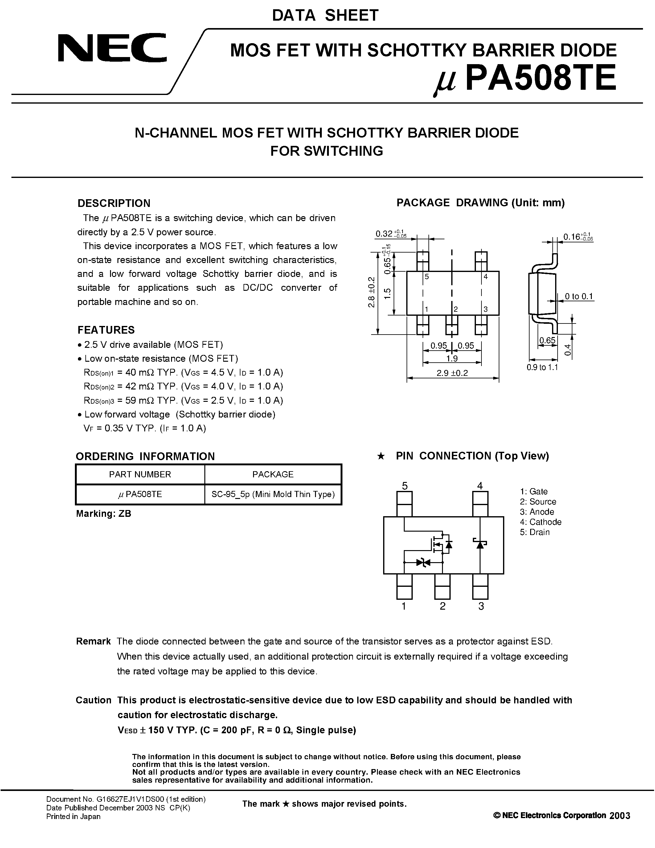 Даташит UPA508TE - N-CHANNEL MOS FET WITH SCHOTTKY BARRIER DIODE FOR SWITCHING страница 1