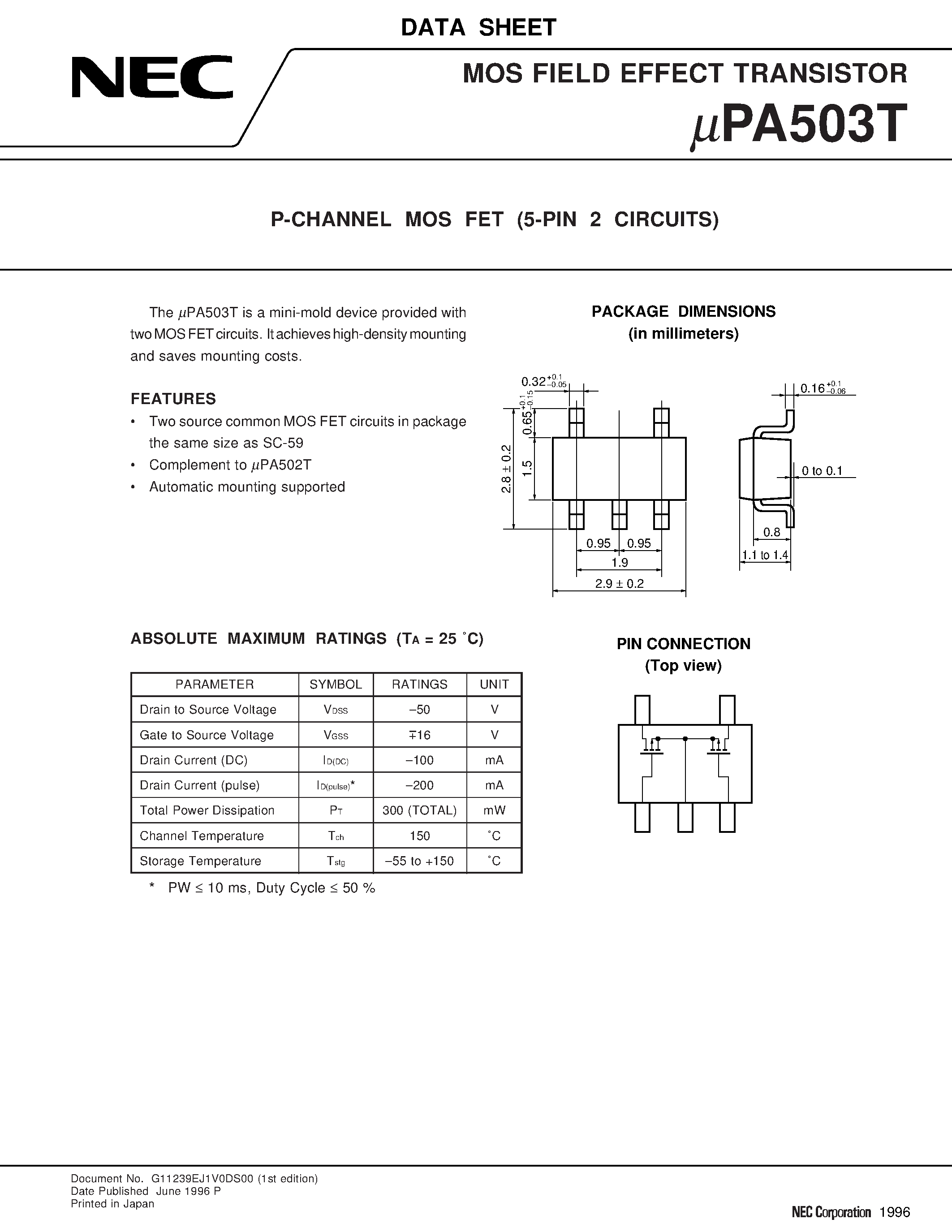 Даташит UPA503T - P-CHANNEL MOSFET (5-PIN 2 CIRCUITS) страница 1