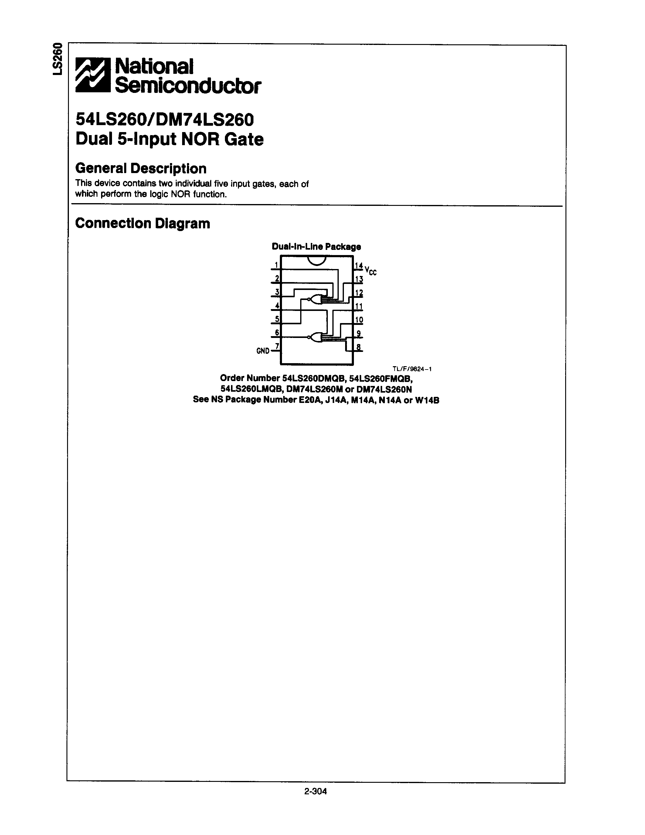 Datasheet DM74LS260 - Dual 5-Input NOR Gate page 1