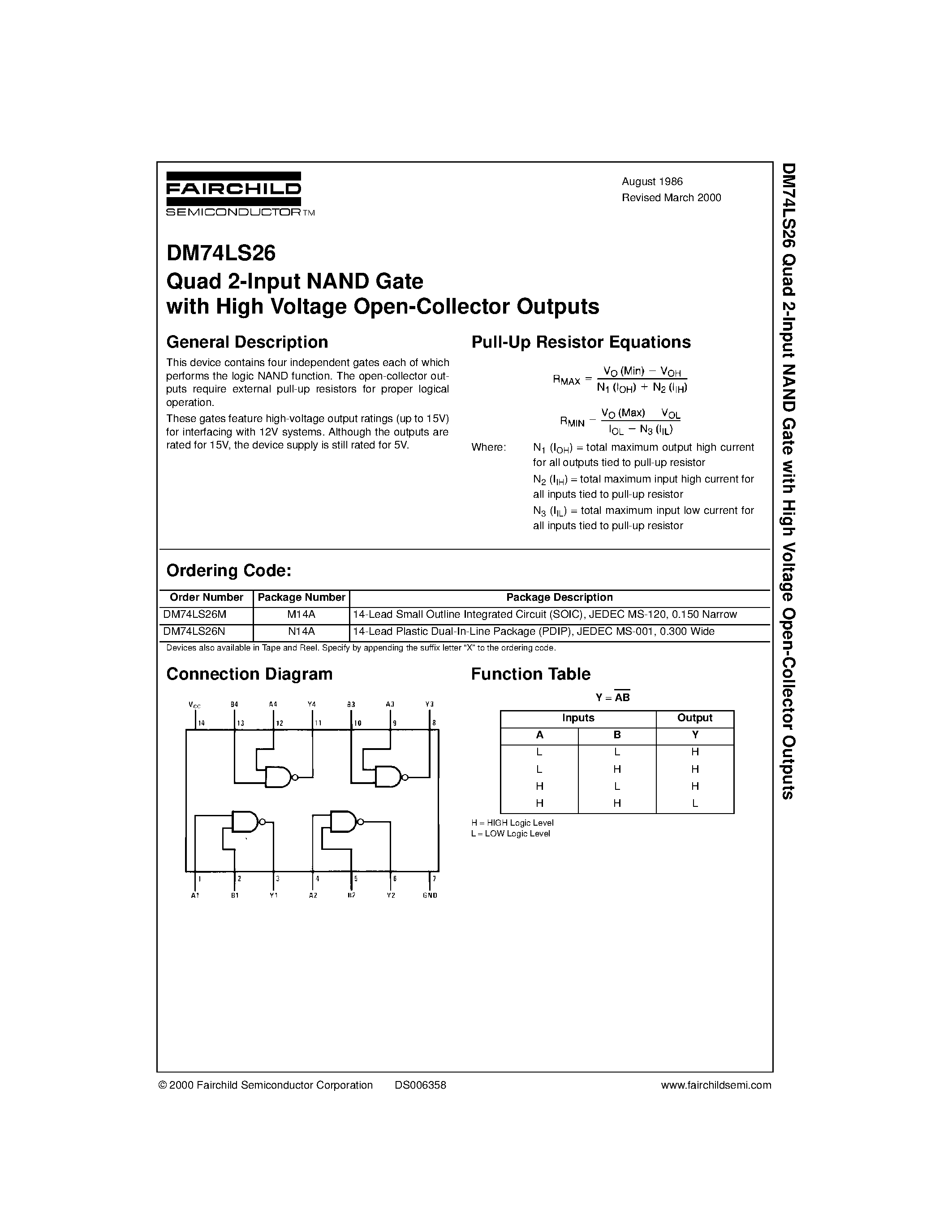 Datasheet DM74LS26 - Quad 2-Input NAND Gate with High Voltage Open-Collector Outputs page 1